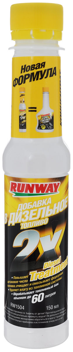 Добавка в дизельное топливо Runway 2X, 150 млRW1504 Добавка в дизельное топливо Runway 2X, 150 млRW1504Добавка Runway 2X повышает цетановое число дизельного топлива. Очищает, смазывает и препятствует засорению форсунок двигателя. Удаляет влагу из топливного бака и топливной системы. Уменьшает образование отложений и препятствует коррозии топливной системы. Облегчает запуск и эксплуатацию дизельного двигателя зимой. Состав: имидазолин, 2-этилгексилнитрат, замещенная аминная смола, диэтиленгликольметиловый спирт, тяжелые ароматические фракции лигроина. Товар сертифицирован.