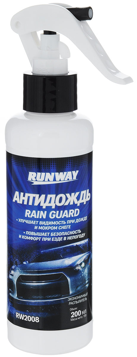 Антидождь Runway, 200 млRW2008 Антидождь Runway, 200 млRW2008Антидождь Runway создает на поверхности прозрачное, суперскользкое полимерное покрытие, что позволяет не использовать стеклоочистители во время движения при дожде или мокром снеге. Улучшает видимость, повышает безопасность и комфорт при езде в непогоду. Очищает и предохраняет стекла от загрязнения и обледенения. Предназначен для наружной обработки зеркал, фар и стекол автомобилей, мотоциклов, моторных лодок и катеров. Товар сертифицирован.
