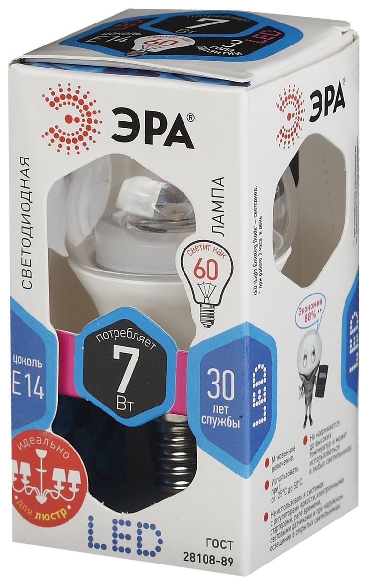 Лампа светодиодная ЭРА Clear, цоколь E14, 170-265V, 7W, 4000К. P45-7w-840-E14-Clear5055945518436 Лампа светодиодная ЭРА Clear, цоколь E14, 170-265V, 7W, 4000К. P45-7w-840-E14-Clear5055945518436Светодиодная лампа ЭРА Clear является самым перспективным источником света. Основным преимуществом данного источника света является длительный срок службы и очень низкое энергопотребление, так, например, по сравнению с обычной лампой накаливания светодиодная лампа служит в среднем в 50 раз дольше и потребляет в 10-15 раз меньше электроэнергии. При этом светодиодная лампа практически не подвержена механическому воздействию из-за прочной конструкции и позволяет получить любой цвет светового потока, что, несомненно, расширяет возможности применения и позволяет создавать новые решения в области освещения. Светодиодная лампа серии Clear предназначена для хрустальных люстр. При их использовании хрусталь играет под яркими лучами. Угол рассеивания светового потока 270 градусов. Совместима с выключателями с подсветкой.