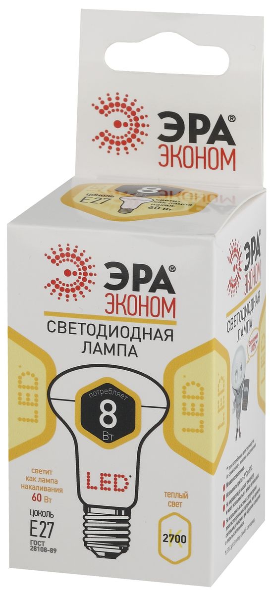 Лампа светодиодная ЭРА, цоколь E27, 170-265V, 8W, 2700К5055945523232 Лампа светодиодная ЭРА, цоколь E27, 170-265V, 8W, 2700К5055945523232Светодиодная лампа ЭРА является самым перспективным источником света. Основным преимуществом данного источника света является длительный срок службы и очень низкое энергопотребление, так, например, по сравнению с обычной лампой накаливания светодиодная лампа служит в среднем в 50 раз дольше и потребляет в 10-15 раз меньше электроэнергии. При этом светодиодная лампа практически не подвержена механическому воздействию из-за прочной конструкции и позволяет получить любой цвет светового потока, что, несомненно, расширяет возможности применения и позволяет создавать новые решения в области освещения. Особенности серии Eco: Предназначена для обычного потребителя Цена ниже, чем цена компактной люминесцентной лампы Световая отдача источников света - 70-80 лм/Вт Срок службы составляет 25000 часов Гарантия - 1 год. Работа в цепи с выключателем с подсветкой не рекомендована.