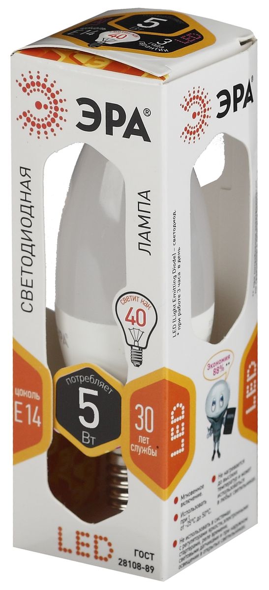 Лампа светодиодная ЭРА F-LED, цоколь E14, 170-265V, 5W, 2700К. B35-5w-827-E145055945528855 Лампа светодиодная ЭРА F-LED, цоколь E14, 170-265V, 5W, 2700К. B35-5w-827-E145055945528855Светодиодная лампа ЭРА F-LED является самым перспективным источником света. Основным преимуществом данного источника света является длительный срок службы и очень низкое энергопотребление, так, например, по сравнению с обычной лампой накаливания светодиодная лампа служит в среднем в 50 раз дольше и потребляет в 10-15 раз меньше электроэнергии. При этом светодиодная лампа практически не подвержена механическому воздействию из-за прочной конструкции и позволяет получить любой цвет светового потока, что, несомненно, расширяет возможности применения и позволяет создавать новые решения в области освещения. Максимально похожа на лампу накаливания, может использоваться в дизайнерских интерьерах. Угол рассеивания светового потока 360 градусов.