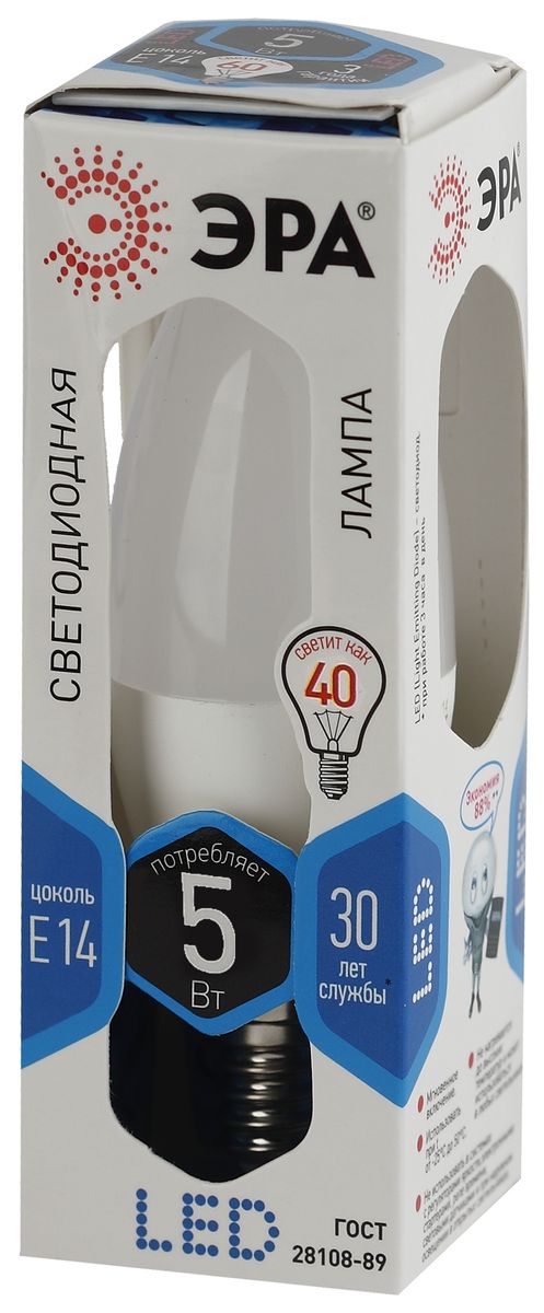 Лампа светодиодная ЭРА F-LED, цоколь E14, 170-265V, 5W, 4000К. B35-5w-840-E145055945528862 Лампа светодиодная ЭРА F-LED, цоколь E14, 170-265V, 5W, 4000К. B35-5w-840-E145055945528862Светодиодная лампа ЭРА F-LED является самым перспективным источником света. Основным преимуществом данного источника света является длительный срок службы и очень низкое энергопотребление, так, например, по сравнению с обычной лампой накаливания светодиодная лампа служит в среднем в 50 раз дольше и потребляет в 10-15 раз меньше электроэнергии. При этом светодиодная лампа практически не подвержена механическому воздействию из-за прочной конструкции и позволяет получить любой цвет светового потока, что, несомненно, расширяет возможности применения и позволяет создавать новые решения в области освещения. Максимально похожа на лампу накаливания, может использоваться в дизайнерских интерьерах. Угол рассеивания светового потока 360 градусов.