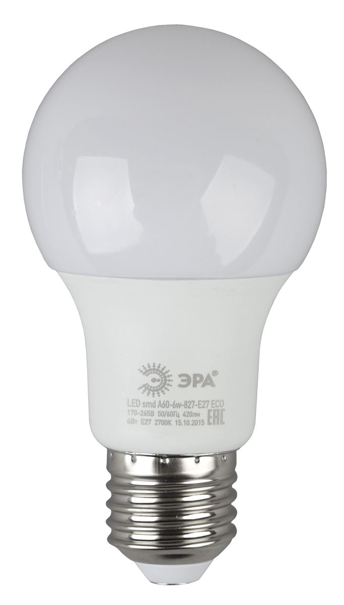 Лампа светодиодная ЭРА Eco, цоколь E27, 170-265V, 6W, 4000К5055945536485 Лампа светодиодная ЭРА Eco, цоколь E27, 170-265V, 6W, 4000К5055945536485Светодиодная лампа ЭРА Eco является самым перспективным источником света. Основным преимуществом данного источника света является длительный срок службы и очень низкое энергопотребление, так, например, по сравнению с обычной лампой накаливания светодиодная лампа служит в среднем в 50 раз дольше и потребляет в 10-15 раз меньше электроэнергии. При этом светодиодная лампа практически не подвержена механическому воздействию из-за прочной конструкции и позволяет получить любой цвет светового потока, что, несомненно, расширяет возможности применения и позволяет создавать новые решения в области освещения. Серия Eco достаточна для обычного потребителя. Работа в цепи с выключателем с подсветкой не рекомендована.