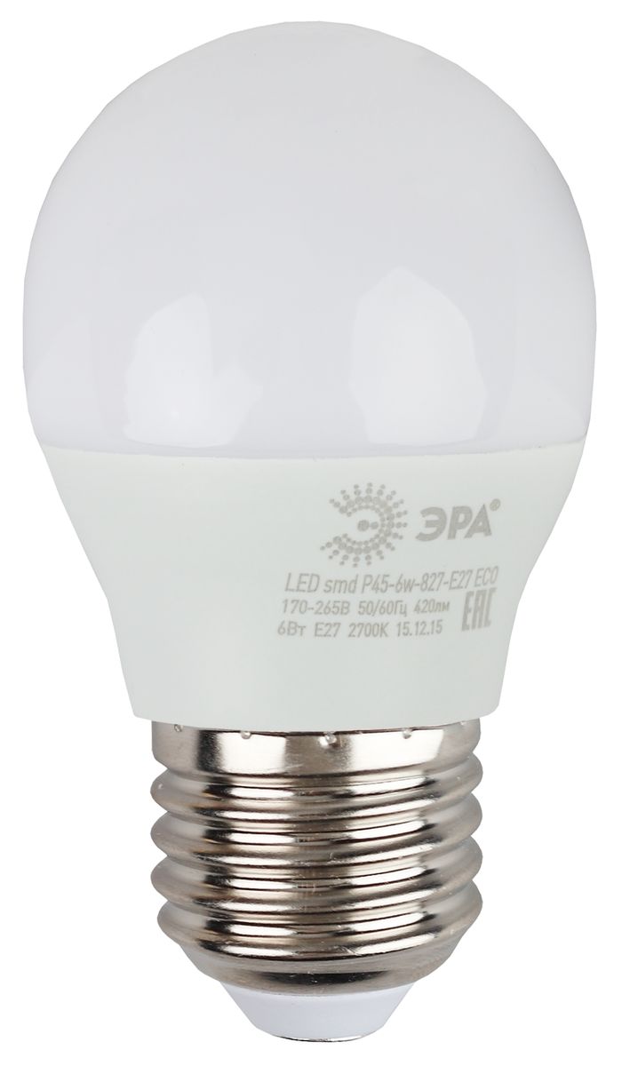 Лампа светодиодная ЭРА Eco, цоколь E27, 170-265V, 6W, 4000К. Р45-6w-840-E27 ECO5055945536560 Лампа светодиодная ЭРА Eco, цоколь E27, 170-265V, 6W, 4000К. Р45-6w-840-E27 ECO5055945536560Светодиодная лампа ЭРА Eco является самым перспективным источником света. Основным преимуществом данного источника света является длительный срок службы и очень низкое энергопотребление, так, например, по сравнению с обычной лампой накаливания светодиодная лампа служит в среднем в 50 раз дольше и потребляет в 10-15 раз меньше электроэнергии. При этом светодиодная лампа практически не подвержена механическому воздействию из-за прочной конструкции и позволяет получить любой цвет светового потока, что, несомненно, расширяет возможности применения и позволяет создавать новые решения в области освещения. Серия Eco достаточна для обычного потребителя. Работа в цепи с выключателем с подсветкой не рекомендована.