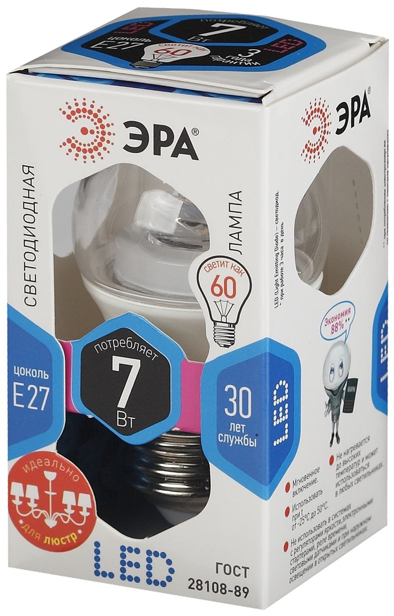 Лампа светодиодная ЭРА Clear, цоколь E27, 170-265V, 7W, 4000К. P45-7w-840-E27-Clear5055945541304 Лампа светодиодная ЭРА Clear, цоколь E27, 170-265V, 7W, 4000К. P45-7w-840-E27-Clear5055945541304Светодиодная лампа ЭРА Clear является самым перспективным источником света. Основным преимуществом данного источника света является длительный срок службы и очень низкое энергопотребление, так, например, по сравнению с обычной лампой накаливания светодиодная лампа служит в среднем в 50 раз дольше и потребляет в 10-15 раз меньше электроэнергии. При этом светодиодная лампа практически не подвержена механическому воздействию из-за прочной конструкции и позволяет получить любой цвет светового потока, что, несомненно, расширяет возможности применения и позволяет создавать новые решения в области освещения. Светодиодная лампа серии Clear предназначена для хрустальных люстр. При их использовании хрусталь играет под яркими лучами. Угол рассеивания светового потока 270 градусов. Совместима с выключателями с подсветкой.