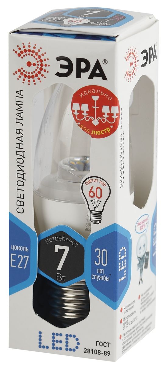 Лампа светодиодная ЭРА Clear, цоколь E27, 170-265V, 7W, 4000К. B35-7w-840-E27-Clear5055945543957 Лампа светодиодная ЭРА Clear, цоколь E27, 170-265V, 7W, 4000К. B35-7w-840-E27-Clear5055945543957Светодиодная лампа ЭРА Clear является самым перспективным источником света. Основным преимуществом данного источника света является длительный срок службы и очень низкое энергопотребление, так, например, по сравнению с обычной лампой накаливания светодиодная лампа служит в среднем в 50 раз дольше и потребляет в 10-15 раз меньше электроэнергии. При этом светодиодная лампа практически не подвержена механическому воздействию из-за прочной конструкции и позволяет получить любой цвет светового потока, что, несомненно, расширяет возможности применения и позволяет создавать новые решения в области освещения. Светодиодная лампа серии Clear предназначена для хрустальных люстр. При их использовании хрусталь играет под яркими лучами. Угол рассеивания светового потока 270 градусов. Совместима с выключателями с подсветкой.