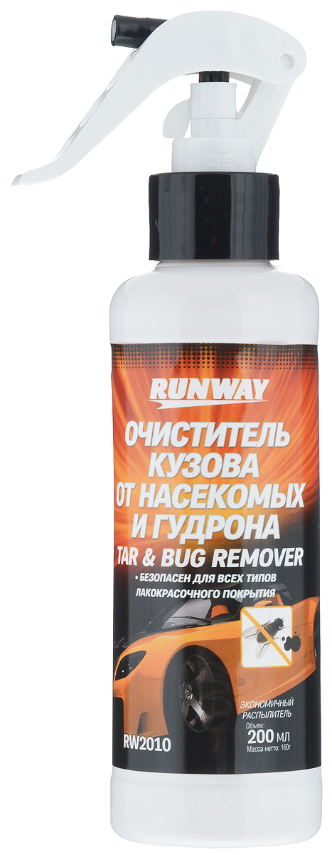 Очиститель кузова от насекомых и гудрона Runway, 200 млRW2010 Очиститель кузова от насекомых и гудрона Runway, 200 млRW2010Очиститель Runway предназначен для быстрого и эффективного удаления пятен битума и гудрона, следов насекомых, птичьего помета, дорожного налета, почек и тополиного пуха, старой полироли, масляных и жировых пятен (обезжиривание кузова) с лакокрасочного покрытия кузова, а также колес, фар, стекол. Безопасен для любых видов лакокрасочного покрытия. Товар сертифицирован.