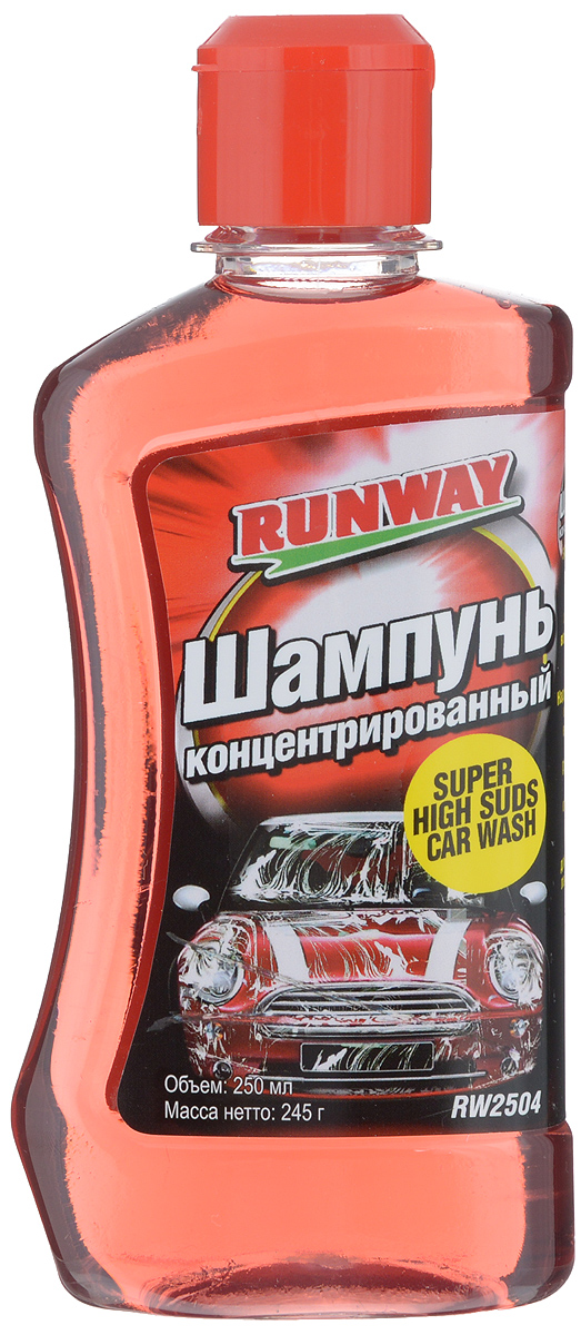 Шампунь концентрированный Runway, 250 млRW2504 Шампунь концентрированный Runway, 250 млRW2504Специальный, суперконцентрированный шампунь Runway предназначен для мытья автомобиля. Разводится с водой в соотношении 1:320. Быстро удаляет дорожный налет, масляные и прочие загрязнения с поверхности кузова автомобиля. Не оставляет разводов после мытья. Безопасен для лакокрасочного покрытия. Хорошо растворяется как в теплой, так и в холодной воде. Не содержит фосфатов. Имеет приятный вишневый запах. Товар сертифицирован.