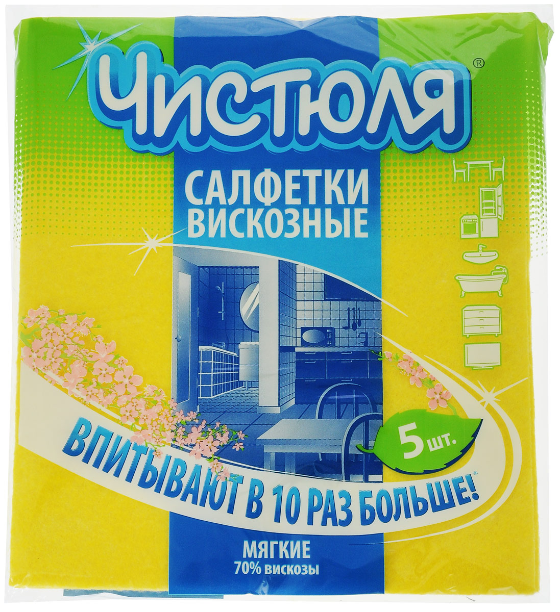 Салфетка для уборки Чистюля, вискозная, цвет: желтый, 5 штС0309_желтый Салфетка для уборки Чистюля, вискозная, цвет: желтый, 5 штС0309_желтыйСалфетки для уборки Чистюля предназначены для мытья любых поверхностей в доме: кухонные столы, плиты, сантехника, кафель, посуда, мебель из любых материалов, бытовая техника. Салфетки изготовлены из вискозы - волокна из специально обработанной целлюлозы, то есть растительного волокна, получаемого из древесины. Салфетки содержат 70% волокон из натурального сырья, остальные 30% - это полиэстер, необходимый для прочности. За счет высокого содержания вискозы салфетки хорошо поглощают влагу. Одна салфетка может мгновенно впитать разлитую чашку (150 мл). Салфетки очень мягкие, отлично очищают любые поверхности, впитывая влагу вместе с грязью, не оставляют ворсинок и разводов. Отстирываются при температуре до +70°С.