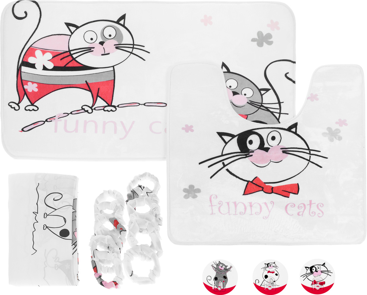 Набор для ванной комнаты Tatkraft Funny Cats, цвет: белый, 3 предмета + ПОДАРОК: Крючок адгезивный Tatkraft Funny Cats, 3 шт18075+подарок Набор для ванной комнаты Tatkraft Funny Cats, цвет: белый, 3 предмета + ПОДАРОК: Крючок адгезивный Tatkraft Funny Cats, 3 шт18075+подарокНабор для ванной комнаты Tatkraft Funny Cats состоит из коврика для ванной, коврика для туалета и шторы для ванной. Коврики выполнены из микрофибры Ultra Soft со специальным противоскользящим основанием и украшены изображением веселых котов. За счет низкой гигроскопичности коврики не теряют своих свойств даже при высокой влажности. Они гипоаллергенны, гигиеничны, не подвержены воздействию микроорганизмов и плесени. Коврики идеально сочетаются со шторой для ванной комнаты, изготовленной из текстиля. Шторка для ванной комнаты выполнена из полиэстера и украшена изображением веселых котов. Штора содержит утяжелитель для отвеса. В комплект входит 12 обшитых тканью колец, исключающих неприятный шум при использовании. Также к набору прилагается подарок в виде трех адгезивных крючков с изображением веселых котов. Крючок может быть установлен только на ровной воздухонепроницаемой поверхности: плитка, стекло, пластик, металл, ламинированное дерево и другие....