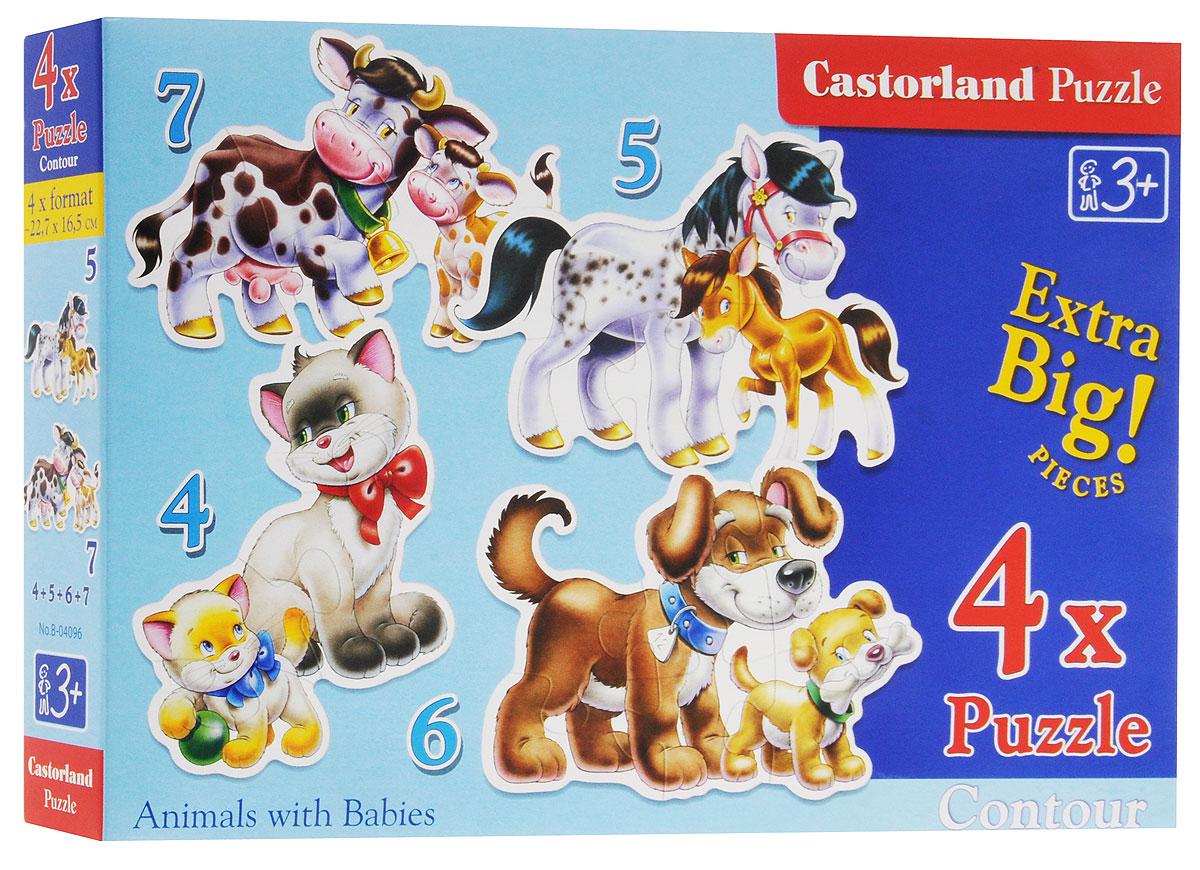 Castorland Пазл Животные 4 в 1В-04096 Castorland Пазл Животные 4 в 1В-04096Пазл Castorland Животные, без сомнения, придется по душе вашему ребенку. В комплект входят четыре пазла в виде фигурок взрослых зверушек и их детенышей. Пазлы включают в себя 4, 5, 6 и 7 элементов. Пазлы - замечательная развивающая игра для детей. Собирание пазла развивает у ребенка мелкую моторику рук, тренирует наблюдательность, логическое мышление, знакомит с окружающим миром, с цветом и разнообразными формами, учит усидчивости и терпению, аккуратности и вниманию.