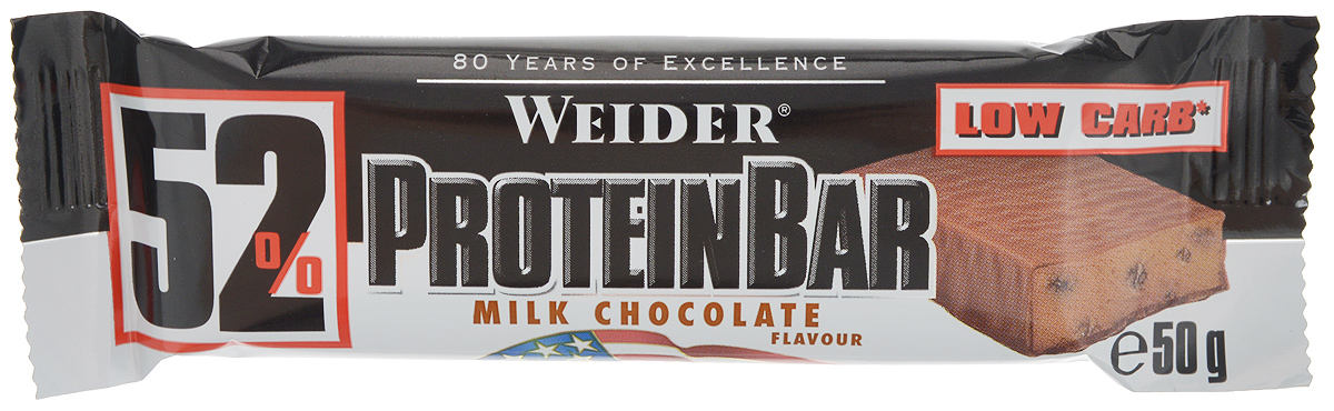 Батончик Weider 52% Протеин бар, 50г, шоколад30637 Батончик Weider 52% Протеин бар, 50г, шоколад30637Уникальный протеиновый батончик с содержанием белка 40г(молочный, соевый и коллагеновый протеины)! Low Carb High Protein лишен насыщенных жиров. Из 18 г углеводов на один батончик, только 2(!!!)г углеводов Net Carbs. Net Carbs – это углеводы, которые повышают содержание сахара в крови (например, сахар). Чем меньше Net Carbs, тем лучше! Обычные батончики такого веса содержат не менее 40 г углеводов Net Carbs. Изюминкой Low Carb High Protein является то, что при таком количестве белка, он имеет неповторимый вкус. Еще никогда протеиновый батончик не был таким вкусным и полезным!