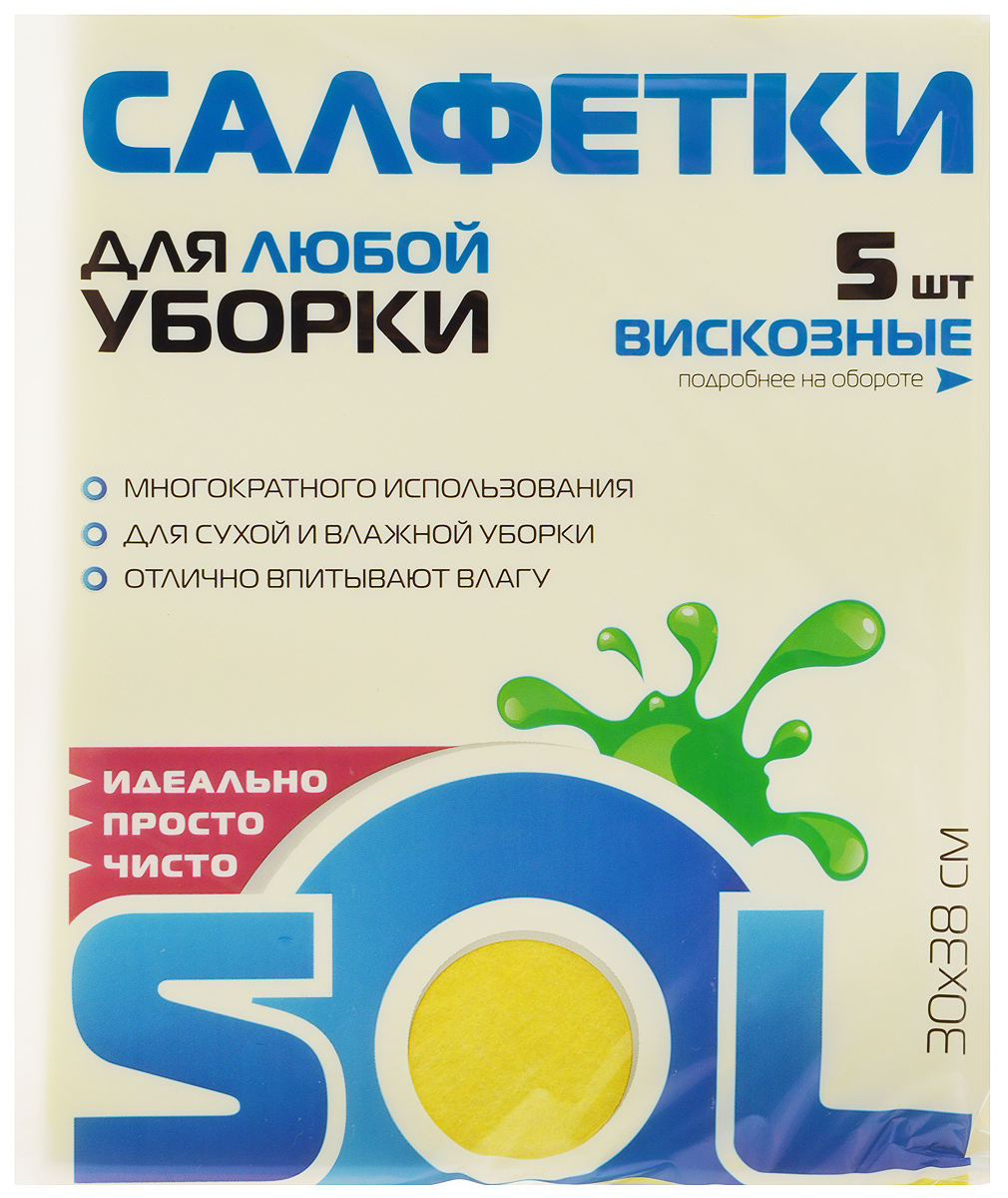 Салфетка для уборки Sol из вискозы, универсальная, цвет: желтый, 30 x 38 см, 5 шт10003/70010_желтый Салфетка для уборки Sol из вискозы, универсальная, цвет: желтый, 30 x 38 см, 5 шт10003/70010_желтыйСалфетки для уборки Sol, выполненные из вискозы и полиэстера, предназначены для уборки и могут применяться с различными моющими средствами. Эффективно впитывают жидкость. Мягкие и прочные, легко отжимаются и быстро сохнут. Рекомендации по уходу: Для обеспечения гигиеничности уборки после применения прополоскать в теплой воде. Для продления срока службы не применять машинную стирку, не гладить и не кипятить.