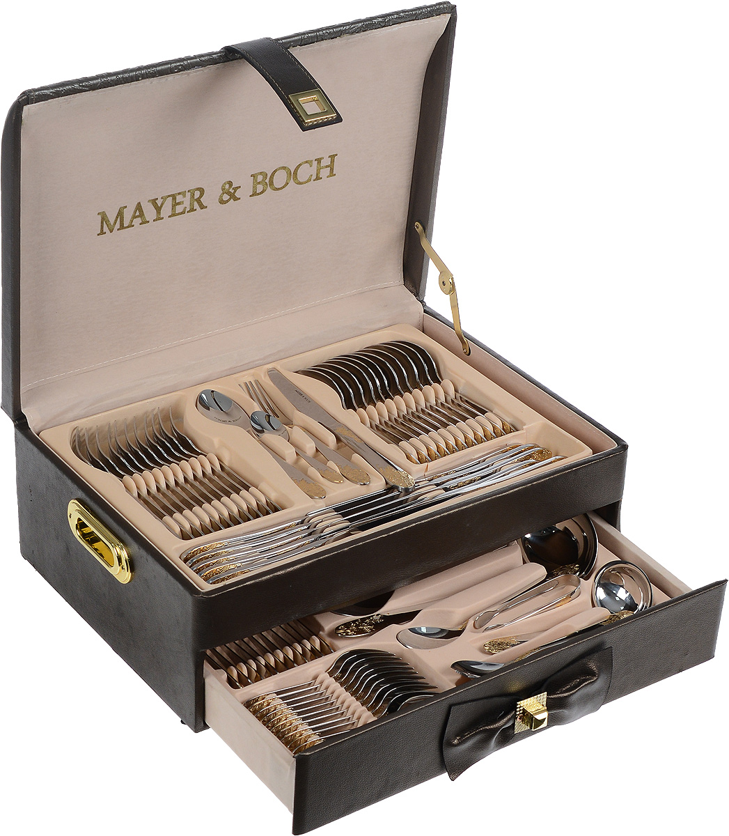 Набор столовых приборов Mayer&Boch, 73 предмета. 2345123451 Набор столовых приборов Mayer&Boch, 73 предмета. 2345123451Набор столовых приборов Mayer & Boch состоит из 73 предметов на 12 персон. В набор входит: 12 столовых ножей, 12 столовых вилок, 12 столовых ложек, 12 десертных вилок, 12 чайных ложек, лопатка для торта, половник, ложка для соуса, 2 сервировочные ложки, ложка для сахара, ложка для мороженого, набор для салатов, щипцы для сахара, 2 вилки для мяса. Столовые приборы выполнены из высококачественной нержавеющей стали, которая отличается высокими антикоррозионными свойствами, значительной устойчивостью к воздействию кислот и щелочей. Нержавеющая сталь не изменяет вкус и цвет пищи, не выделяет вредных веществ. Элегантные золотые узоры на столовых приборах выполнены по технологии плазменного напыления, обеспечивающего высокую износостойкость покрытия. Приборы упакованы в изысканный кейс. Столовый набор прекрасно подходит для сервировки стола как в домашнем быту, так и в профессиональных заведениях: кафе и ресторанах. Стильный, лаконичный дизайн и отличное...