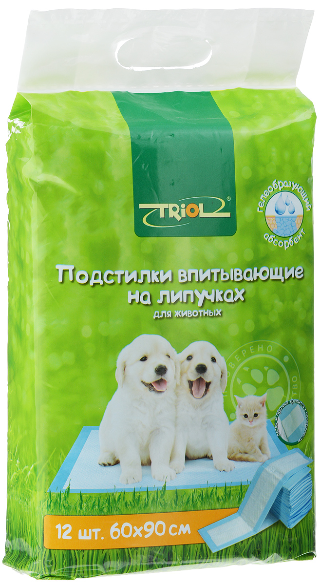 Подстилки для домашних животных Triol, впитывающие, на липучках, 60 х 90 см, 12 штDP12 Подстилки для домашних животных Triol, впитывающие, на липучках, 60 х 90 см, 12 штDP12Впитывающие подстилки Triol подходят для всех домашних животных: собак, кошек, грызунов, птиц, минипигов. Они незаменимы в поездке, при переноске животных, на приеме у ветеринара, на выставке. Удобный туалет для щенков и котят, приучает малышей ходить в одно и то же место. Защита мебели и пола в доме от шерсти, загрязнений, царапин. Всегда чистое место для новорожденных щенков и котят. Благодаря гелеобразующему абсорбенту подстилки надежно поглощают и удерживают влагу, запах. При этом поверхность подстилки и лапки животного остаются сухими. Состав: нетканое волокно, целлюлоза, гелеобразующий абсорбент. Комплектация: 12 шт. Размер подстилки: 60 х 90 см. Товар обязательной сертификации не подлежит.