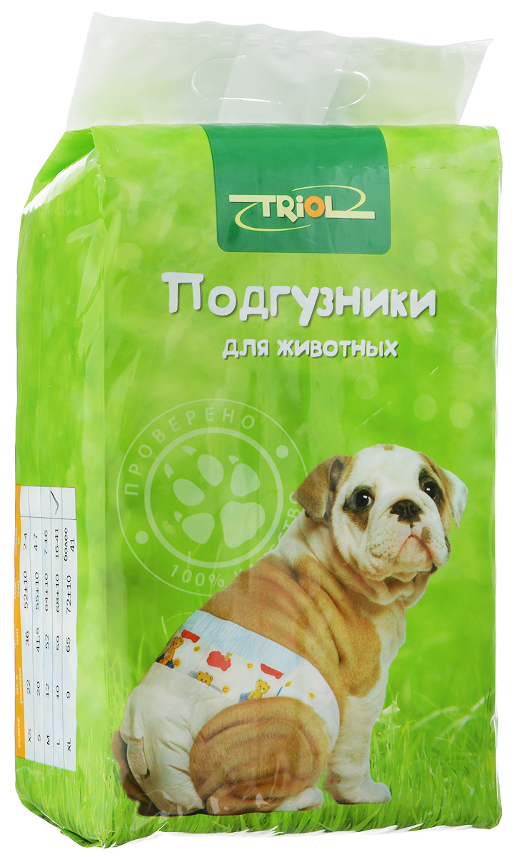 Подгузники для домашних животных Triol, 16-41 кг, 10 шт. Размер LDP04 Подгузники для домашних животных Triol, 16-41 кг, 10 шт. Размер LDP04Подгузники для домашних животных Triol подходит для собак весом от 16 до 41 кг, с обхватом талии 68 ± 10 см и длиной 59 см. Внутренняя поверхность подгузника изготовлена исключительно из мягких и эластичных, содержащих хлопок нетканых материалов. Быстро впитывают влагу и оставляют поверхность сухой. Во избежание аллергических реакций не используются натуральные или искусственные отдушки. Впитывающий слой состоит из натуральной распушенной целлюлозы, которая является отличным абсорбентом. Внешний слой надежно удерживает жидкость внутри, а эластичные боковые барьеры позволяют избежать протекания. Кроме этого, верхний слой декорирован забавным рисунком. Комплектация: 10 шт.