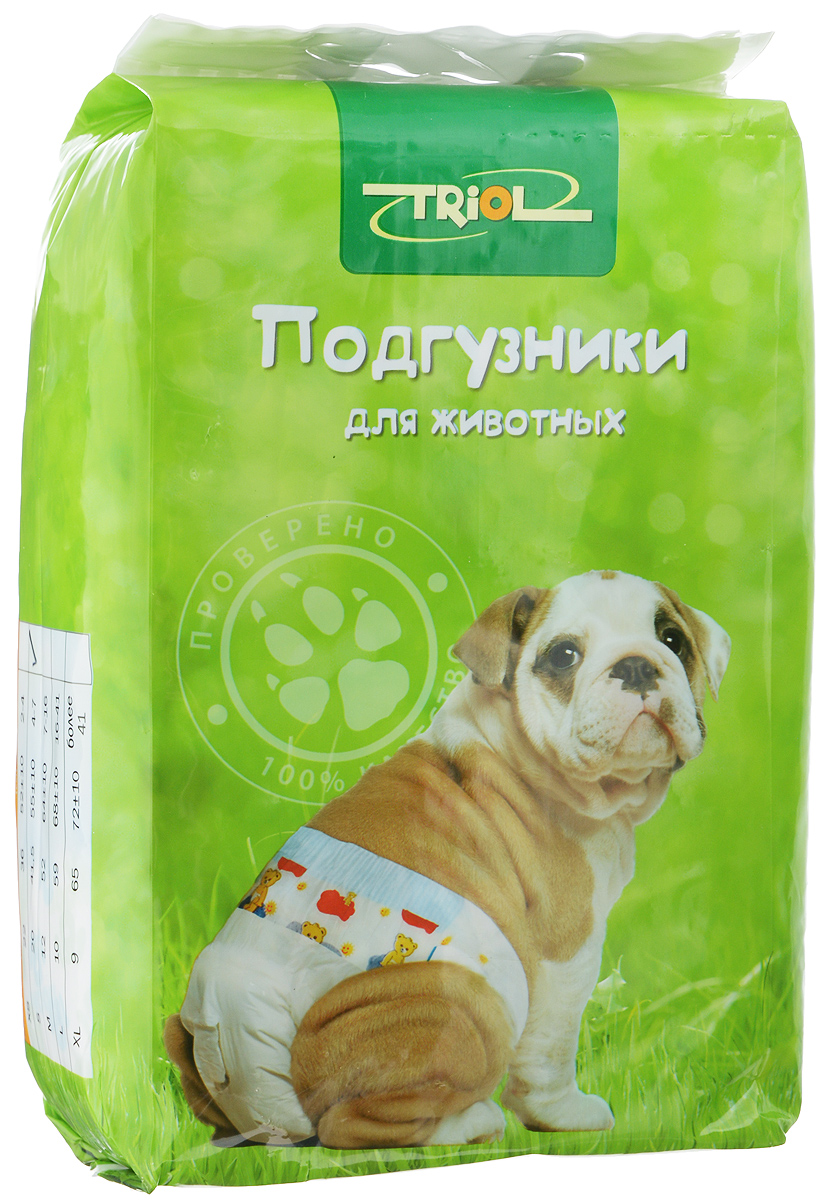 Подгузники для домашних животных Triol, 4-7 кг, 20 шт. Размер XDP02 Подгузники для домашних животных Triol, 4-7 кг, 20 шт. Размер XDP02Подгузники для домашних животных Triol подходит для собак весом от 4 до 7 кг, с обхватом талии 55 ± 10 см и длиной 41,1 см. Внутренняя поверхность подгузника изготовлена исключительно из мягких и эластичных, содержащих хлопок нетканых материалов. Быстро впитывают влагу и оставляют поверхность сухой. Во избежание аллергических реакций не используются натуральные или искусственные отдушки. Впитывающий слой состоит из натуральной распушенной целлюлозы, которая является отличным абсорбентом. Внешний слой надежно удерживает жидкость внутри, а эластичные боковые барьеры позволяют избежать протекания. Кроме этого, верхний слой декорирован забавным рисунком. Комплектация: 20 шт.