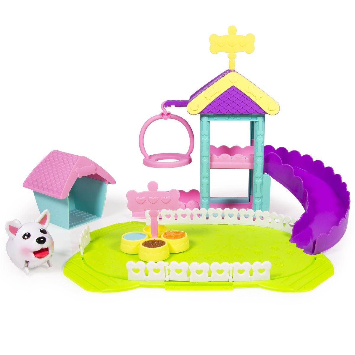 Chubby Puppies Игровой набор Парк развлечений56702 Chubby Puppies Игровой набор Парк развлечений56702Игровой набор Chubby Puppies Парк развлечений предназначен для увлекательной сюжетно-ролевой игры для детей от четырех лет. В комплект входят фигурка очаровательного щенка французского бульдога, игровая площадка с качелькой и горкой, будка, миска с едой и питьем. В таком парке развлечений можно играть с фигуркой щенка с доброжелательной мордашкой, которая наверняка понравятся вашему ребенку. Он умеет забавно передвигаться, шагая вразвалку, благодаря чему игра с ними становится еще более интересной и увлекательной. Набор выполнен из качественного пластика и совершенно безопасен для здоровья вашего ребенка.