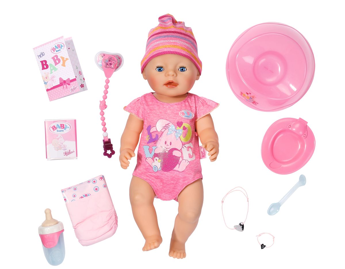 Baby Born Интерактивная кукла823-163 Baby Born Интерактивная кукла823-163Интерактивная кукла Baby Born порадует вашу малышку и доставит ей много удовольствия от часов, посвященных игре с ней. Кукла выглядит совсем как настоящий младенец. У нее большие голубые глазки, длинные ресницы, пухлые щечки и поджатые розовые губки. Борн одета в розовый боди с короткими рукавами, на голове шапочка. Кукла полностью выполнена из экологически чистых, нетоксичных, качественных материалов - пластика и текстиля. Кукла пьет из бутылочки водичку, плачет слезками, ест кашку, ходит в туалет на горшочек или памперс (при нажатии на пупочек). Ее можно купать в ванночке. А после насыщенного дня уложить спать, положив на спинку. Игра с этим пупсом поможет развить воображение и фантазию вашего ребенка, а также воспитает чувство ответственности и заботы. Ваша девочка почувствует себя настоящей мамой и поможет пупсу Baby Annabell сделать свои первые шаги. Кукла механическая, батарейки не требуются.