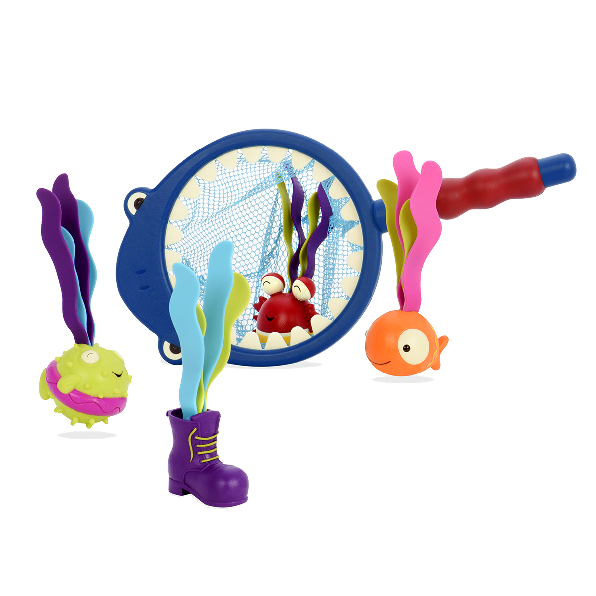 B.Dot Игрушки для ванной Акула68803 B.Dot Игрушки для ванной Акула68803Яркий набор игрушек для ванной Акула привлечет внимание вашего малыша и сделает процесс купания веселым и интересным. В наборе сачок-акула и четыре игрушки-закуски. Насколько быстро вы сможете накормить голодную акулу Финли? Скорее перемешайте закуски в ванне и наблюдайте за тем, как они тонут. Нужно успеть поймать всех, чтобы наша акула не осталась голодной! А с помощью сачка с удобной ручкой достать рыбку или ботинок даже со дна морского - проще простого! Игры с набором для ванной отлично развивают у малышей мелкую моторику рук, координацию движений, воображение и фантазию.