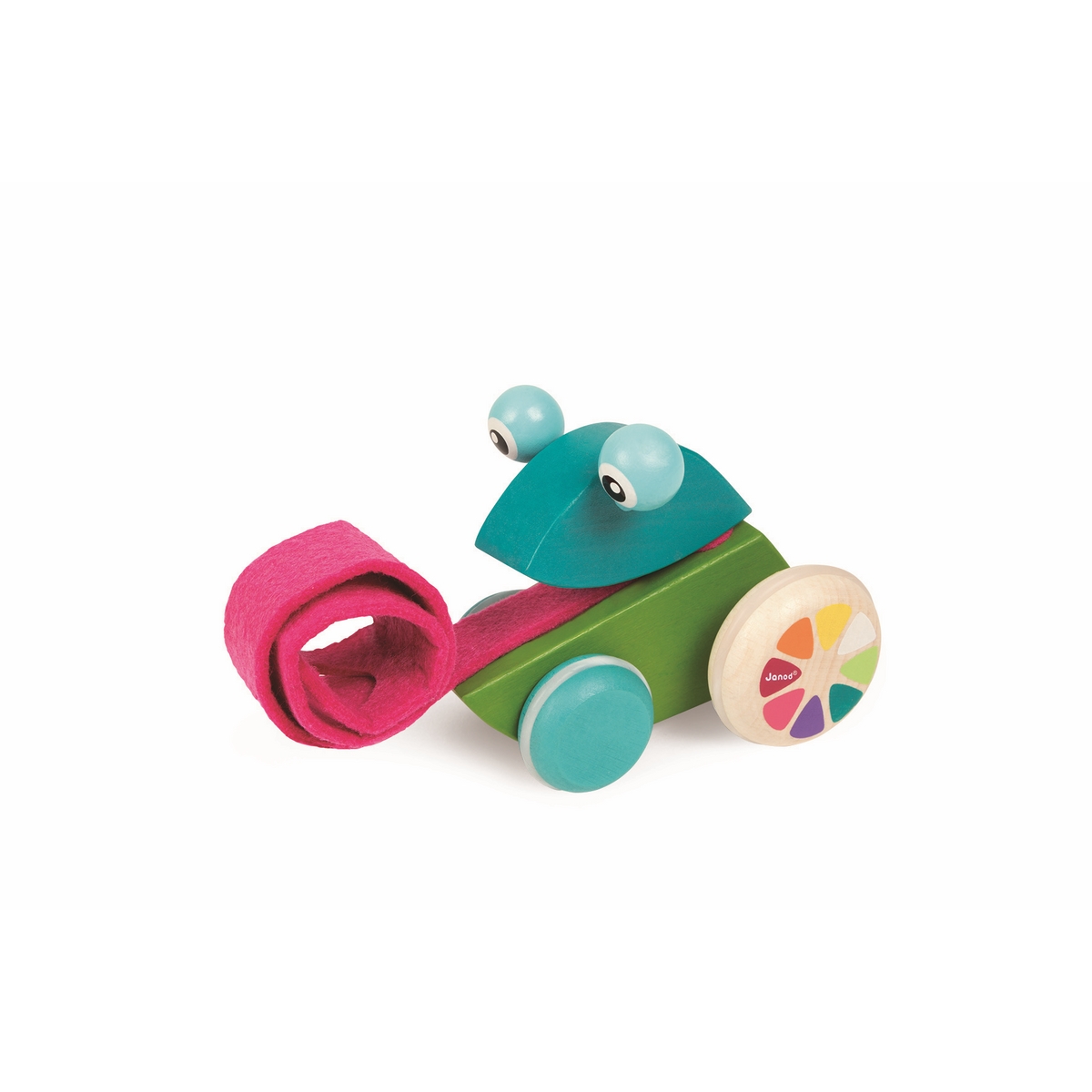 Janod Игрушка-каталка ЛягушонокJ08237 Janod Игрушка-каталка ЛягушонокJ08237Забавная игрушка Janod, выполненная в виде каталки, обязательно заинтересует вашего малыша. Игрушка выполнена из натурального дерева и имеет яркую расцветку. У каталки имеются четыре колеса, что придает ей маневренности и устойчивости, даже при интенсивном движении. Благодаря прорезиненному покрытию на колесах перемещение каталки по полу будет бесшумным и не нанесет вреда вашему половому покрытию. В качестве ленты для каталки выступает расправленный язык игрушки, который можно свернуть для компактного хранения или переноски. Выпуклые части игрушки будут очень занимательны для детей, а яркие расписные задние колеса помогут запомнить малышу основные цвета. Игрушка-каталка развивает мелкую моторику, вестибулярный аппарат, координацию движений, слуховое и цветовое восприятия.