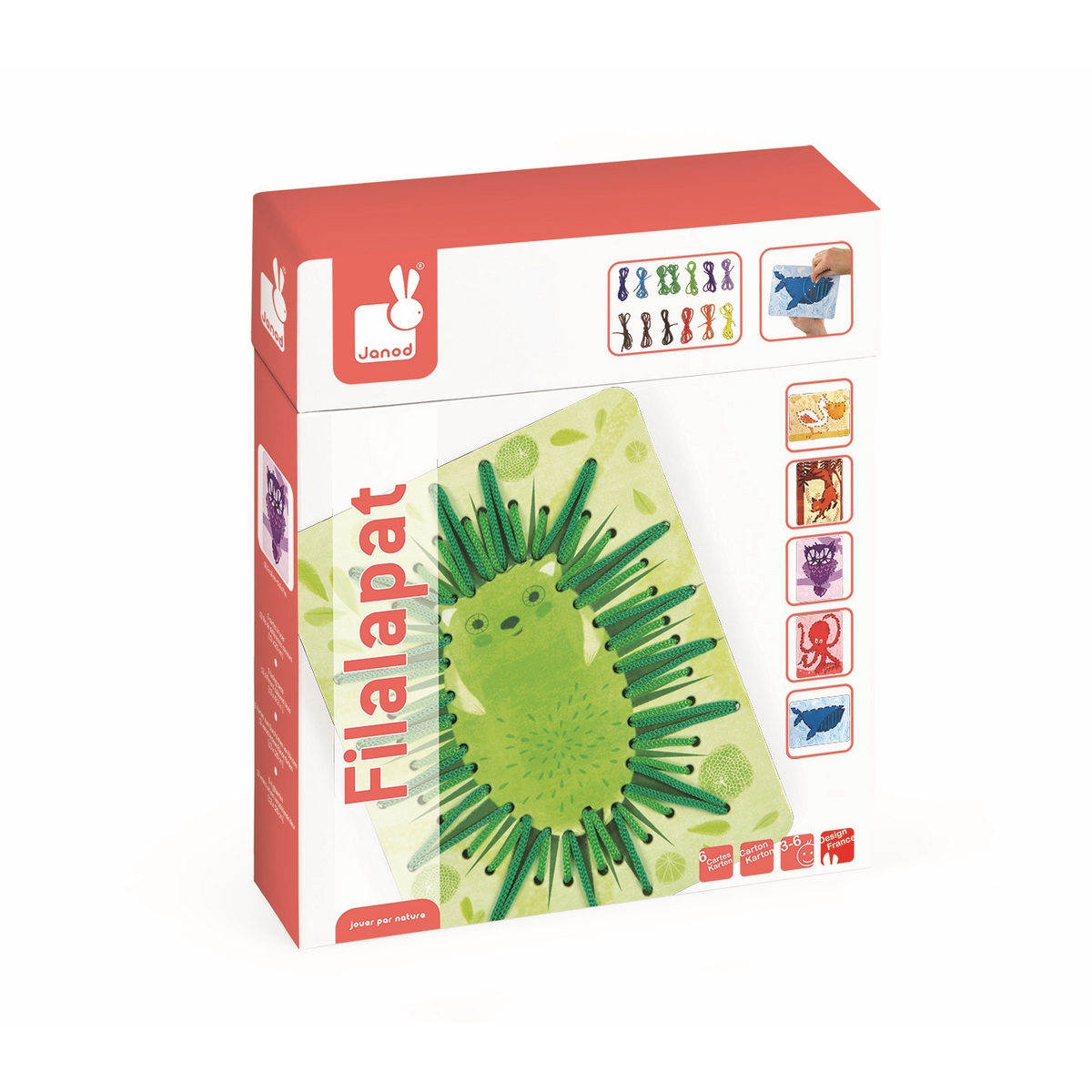 Janod Игра-шнуровка ЖивотныеJ02806 Janod Игра-шнуровка ЖивотныеJ02806Игра-шнуровка Janod Животные развлечёт вашего малыша. Набор включает 6 разноцветных и веселых карточек с изображениями животных, а также 13 цветных шнурков. Все детали игры созданы из качественного картона и текстиля, которые абсолютно безопасны для детей. На каждую карточку нанесена перфорация по контуру рисунка. В процессе игры ваш ребенок должен продеть шнурок через эти отверстия, обозначая силуэт животного.Также вы сможете помочь ребенку освоить основные цвета, виды животных. Продемонстрируйте вашему малышу большие карточки и предложите самостоятельно подобрать цвет шнурка. Такая игра развивает мелкую моторику рук и пальцев, что способствует развитию речи ребенка.
