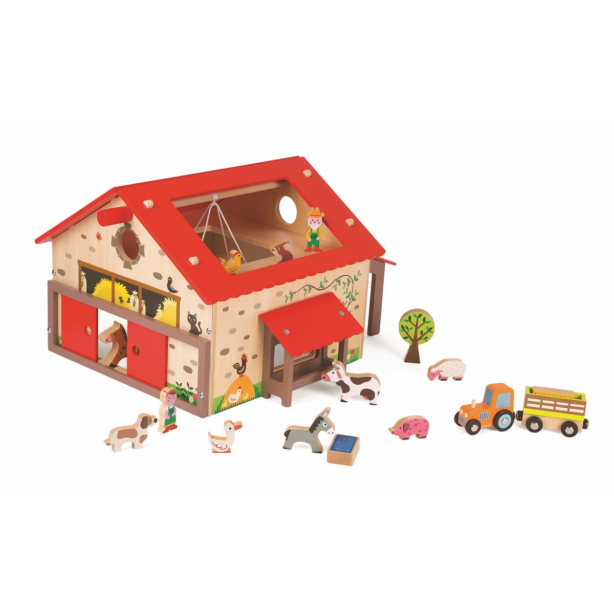 Janod Игровой набор Веселая фермаJ06483 Janod Игровой набор Веселая фермаJ06483Игровой набор Janod Веселая ферма - очень красивая и реалистичная ферма с домашними животными, едой, семьей фермеров из двух человек, деревом и даже трактором. В наборе все продумано до мелочей. Дом украшен окошками со ставнями, которые можно открывать. Для того, чтобы попасть внутрь помещения, необходимо раскрыть лицевые фасады. Все элементы набора выполнены из высококачественной древесины и покрыты безвредной краской, они не имеют острых углов и совершенно безопасны для ребенка. Ваш ребенок будет в восторге от такого подарка! В процессе игры с таким набором стимулируется мозговая активность, развиваются моторика рук, пространственное мышление и творческие способности ребенка.