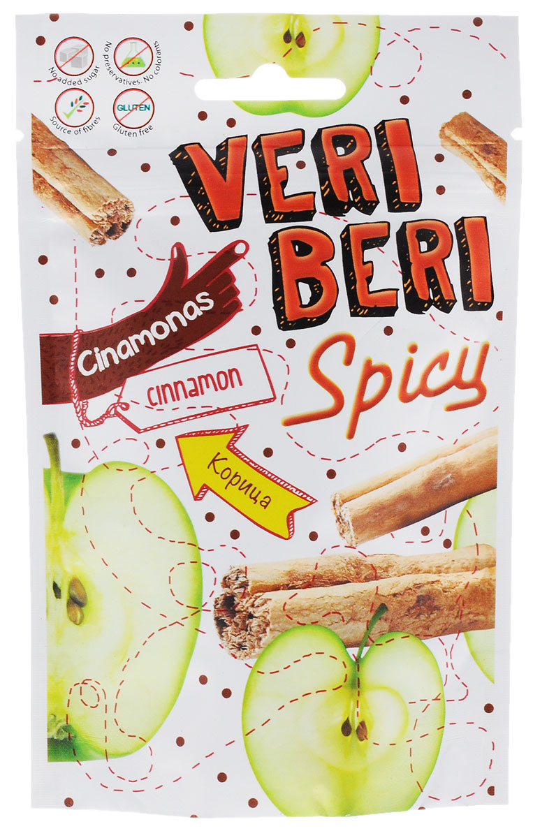 Veri Beri полоски фруктовые с корицей, 50 г4779033190212 Veri Beri полоски фруктовые с корицей, 50 г4779033190212Veri Beri - 100% фруктовые полоски, сделанные только из натуральных фруктов. Без сахара, без консервантов, без красителей. Сладость продукта достигается только за счёт использования только натуральных сахаров, содержащихся в фруктовом соке и пюре. Содержит много клетчатки, что положительно влияет на пищеварительную систему. Используемые ингредиенты: фруктовый сок и концентрат пюре, фруктовый пектин, фруктовые волокна, натуральные фруктовые ароматизаторы.