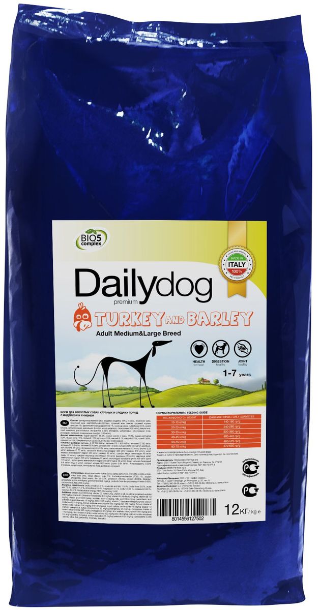 Корм сухой Daily Dog Adult Medium & Large Breed , для взрослых собак средних и крупных пород, с индейкой и ячменем, 12 кг242ДД*12 Корм сухой Daily Dog Adult Medium & Large Breed , для взрослых собак средних и крупных пород, с индейкой и ячменем, 12 кг242ДД*12DailyDog — это корма следующего поколения, в которых сочетаются опыт, традиционный подход к питанию животных и новые разработки для улучшения качества жизни собак в условиях современного мегаполиса.