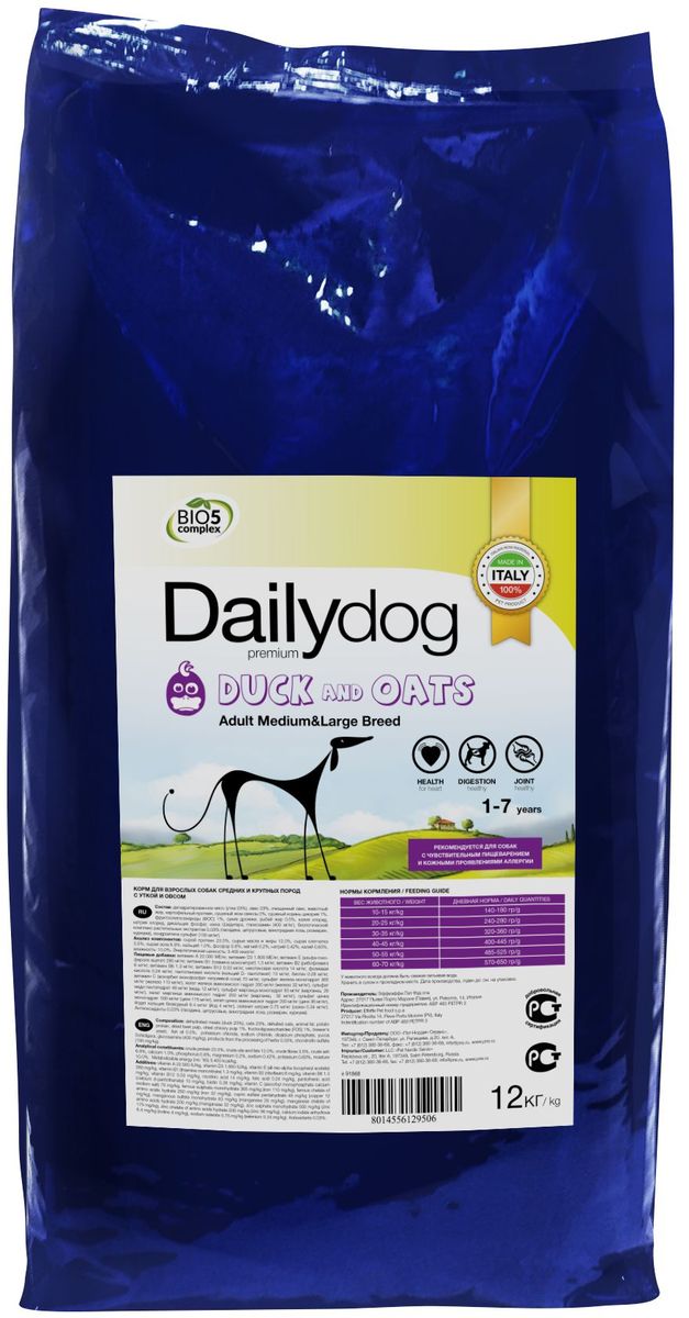 Корм сухой Daily Dog Adult Medium & Large Breed, для взрослых собак средних и крупных пород, с уткой и овсом, 12 г251ДД*12 Корм сухой Daily Dog Adult Medium & Large Breed, для взрослых собак средних и крупных пород, с уткой и овсом, 12 г251ДД*12DailyDog — это корма следующего поколения, в которых сочетаются опыт, традиционный подход к питанию животных и новые разработки для улучшения качества жизни собак в условиях современного мегаполиса.