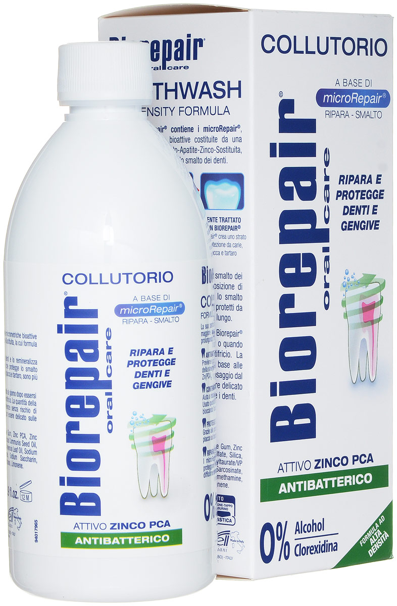 Biorepair Ополаскиватель для полости рта 4 action mouthwash, 500 млGA1154700, GA07767 Biorepair Ополаскиватель для полости рта 4 action mouthwash, 500 млGA1154700, GA07767BioRepair ® Концентрированная жидкость для полоскания рта, зубов и десен восстанавливает эмаль, освежает дыхание и проникает в труднодоступные места. В своём составе содержит 15% активного вещества microrepair, позволяющего восстанавливать зубную эмаль. Ополаскиватель для полости рта BIOREPAIR не содержит Хлоргексидин (от которого желтеют зубы), нет спирта, нет парабенов, нет красителей, нет консервантов. Основной компонент - цинкГидроксиапатит нано размера. Образует на зубах тонкую пленку Цинкгидрокисиапатита, идентичного зубной ткани и обладающего антимикробным эффектом.