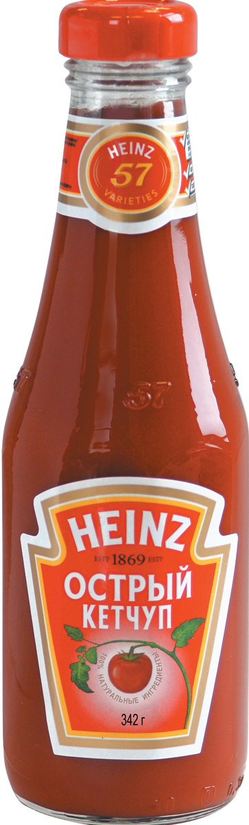 Heinz кетчуп Острый, 342 г76003234 Heinz кетчуп Острый, 342 г76003234Густой острый кетчуп Heinz в стеклянной бутылке. Традиционный рецепт уже 140 лет радует потребителя классическим вкусом кетчупа с густой консистенцией, разбавленный ароматом гвоздики и других пряных специй. В изготовлении продукта применяется томатная паста из свежих помидор.