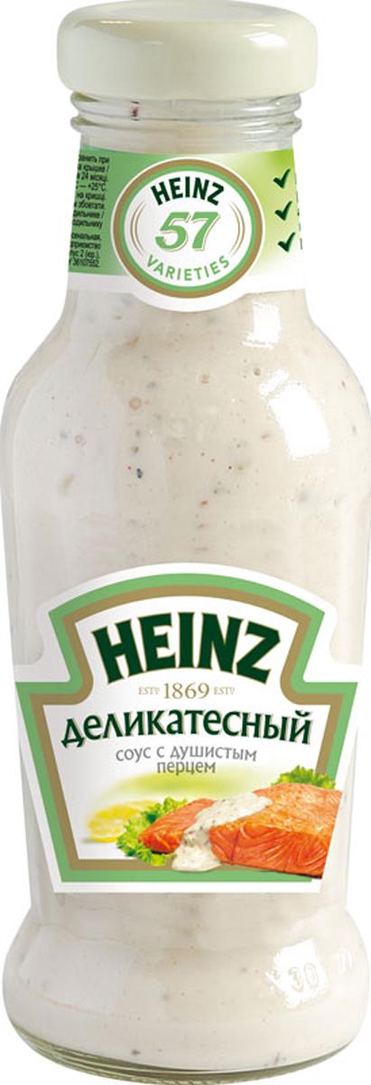 Heinz cоус Деликатесный, 250 мл74000465 Heinz cоус Деликатесный, 250 мл74000465Нежный сливочный вкус соуса,секрет которого в особом сочетание зеленого,черного и белого перцев. Прекрасно подходит к блюдам из мяса, рыбы и овощей. Поставляется в стеклянной бутылке 255г