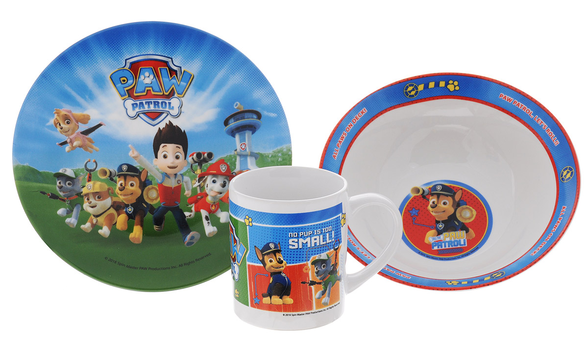 Paw Patrol Набор детской посуды 3 предметаPPS3-1 Paw Patrol Набор детской посуды 3 предметаPPS3-1Набор детской посуды Paw Patrol, выполненный из керамики, состоит из кружки, тарелки и миски. Изделия оформлены изображениями героев из популярного мультсериала Щенячий патруль. Материалы изделий нетоксичны и безопасны для детского здоровья. Детская посуда удобна и увлекательна для вашего малыша. Привычная еда станет более вкусной и приятной, если процесс кормления сопровождать игрой и сказками о любимых героях. Красочная посуда является залогом хорошего настроения и аппетита ваших детей. Можно использовать в СВЧ-печи и мыть в посудомоечной машине.