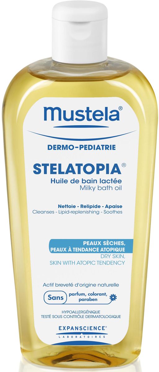 Mustela Масло для ванны Stelatopia для новорожденных младенцев и детей 200 млМ031/G194 Mustela Масло для ванны Stelatopia для новорожденных младенцев и детей 200 млМ031/G194Назначение: Для ухода за очень сухой и склонной к атопии кожей лица и тела детей с рождения. Можно использовать в сочетании с местными кортикостероидами после консультации с врачом. Масло для ванны рекомендуется для использования при выраженных покраснениях и чувстве стянутости кожи. Разработано для минимизации риска аллергических реакций. Свойства: Благодаря мягкой моющей основе с содержанием фосфолипидов, бережно очищает кожу, не раздражая ее. Восполняет уровень липидов кожи благодаря сочетанию натуральных растительных масел и Sunflower Oleo Distillate, который стимулирует биосинтез необходимых липидов, обеспечивающих целостность и непроницаемость межклеточного «цемента» (процесс восстановления липидов). Способствует быстрому устранению ощущения дискомфорта благодаря бисабололу, содержащемуся в масле ромашки, известному своими успокаивающими свойствами. Инструкция по использованию: Налейте 2-3 крышечки масла в ванночку для купания. Взболтайте так, чтобы...
