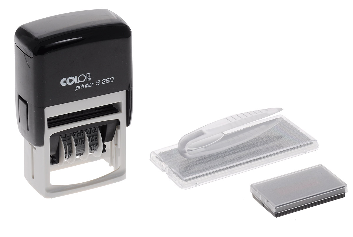 Colop Датер самонаборный двухстрочный Printer S 260-SetPrinter S 260-Set Colop Датер самонаборный двухстрочный Printer S 260-SetPrinter S 260-SetДатер самонаборный двухстрочный Colop Printer S 260-Set имеет надежный пластиковый корпус с автоматическим окрашиванием текста. Подходит для работы в бухгалтерии, на складе, в банке. Рифленая пластина для набора текста расположена вокруг даты. Рассчитан на 12 лет, включая текущий год. Месяц указывается прописью.