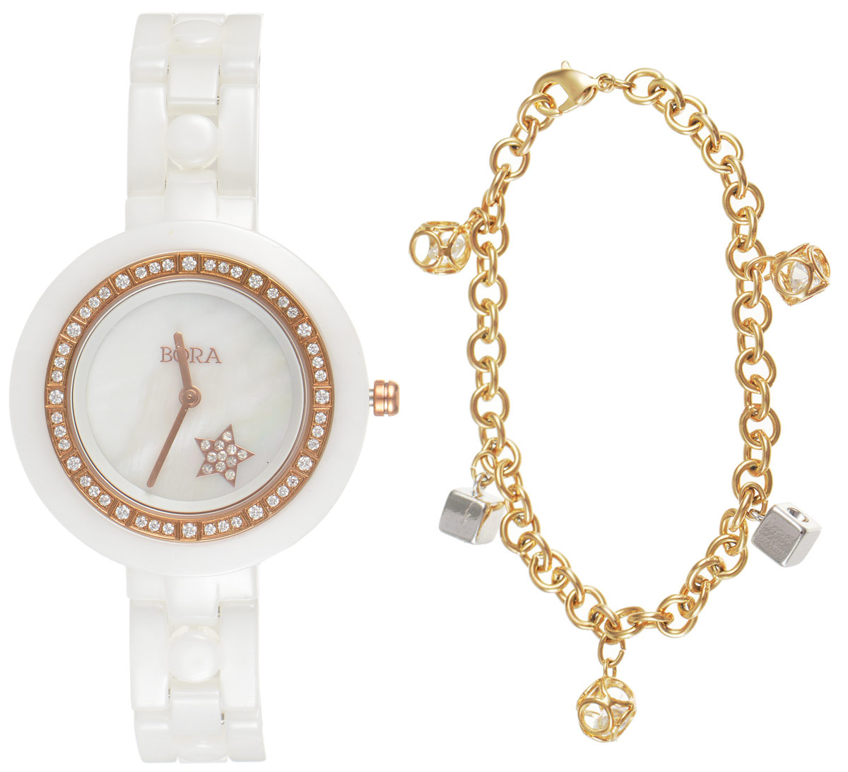 Часы наручные женские Bora, с браслетом, цвет: золотой.T-B-6757T-B-6757-WATCH-GL.WHITE Часы наручные женские Bora, с браслетом, цвет: золотой.T-B-6757T-B-6757-WATCH-GL.WHITEЧасы наручные электронно-механические кварцевые. Часы аксессуарные, с механической индикацией. Часовой механизм Seiko Instruments (SII), с питанием от сменного кварцевого элемента. Модель декорирована стразами. Браслет выполнен из бижутерного сплава, не содержащего свинец, декорирован цирконами и позолотой