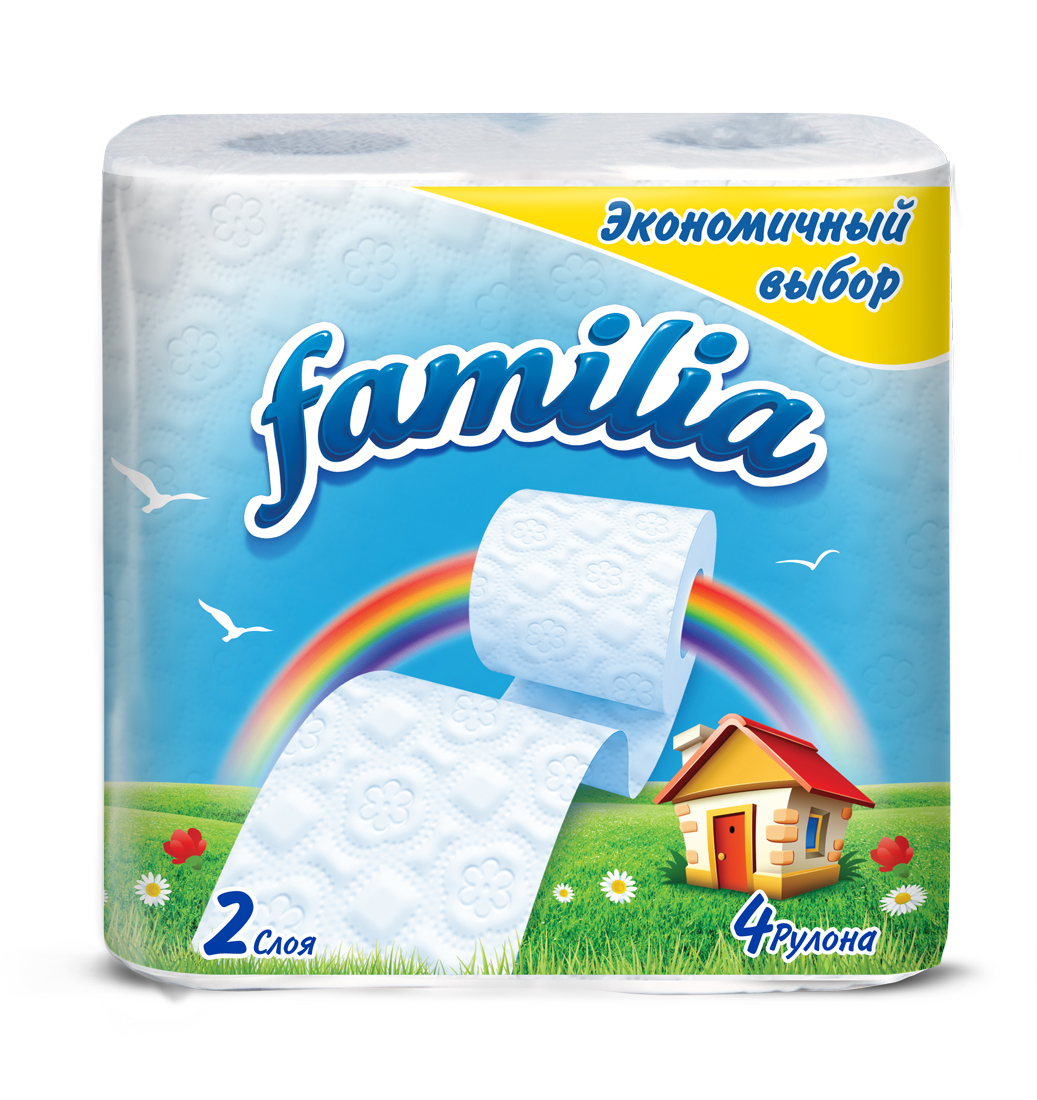 Туалетная бумага Familia Радуга, двухслойная, 4 рулона5040086 Туалетная бумага Familia Радуга, двухслойная, 4 рулона5040086Туалетная бумага Familia (Фамилия) Белая с тиснением и перфорацией. 4 рулона. 2 слоя. Рулон - 16,9 м. Кол-во листов - 141. Размер листа 95ммх120мм. Состав: 100% целлюлоза. Произведено в России. Дерматологически протестировано и одобрено независимым исследовательским институтом Dermatest GmbH, Германия