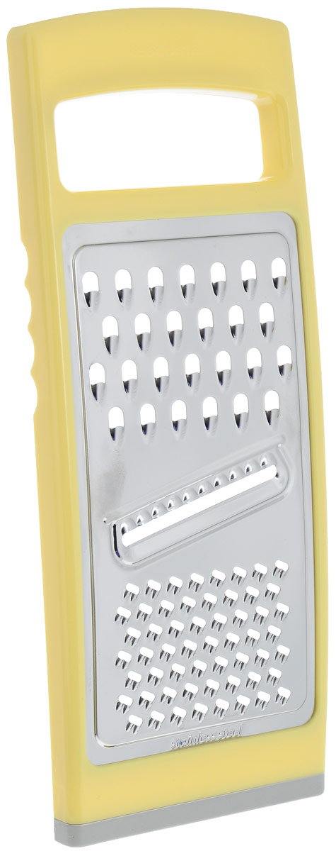 Терка плоская Tescoma Handy, цвет: желтый643764_желтый Терка плоская Tescoma Handy, цвет: желтый643764_желтыйТерка плоская Tescoma Handy предназначена для простого и быстрого измельчения и нарезки на ломтики всех обычных видов продуктов - овощей, фруктов, сыра, шоколада и т.д. Терка изготовлена из первоклассной нержавеющей стали и прочной пластмассы белого цвета. Противоскользящая обработка для безопасного использования. Благодаря своим компактным размерам терка не займет много места на вашей кухне. Пригодна для мытья в посудомоечной машине. Размер терки: 27,5 см х 11,5 см х 1,5 см.