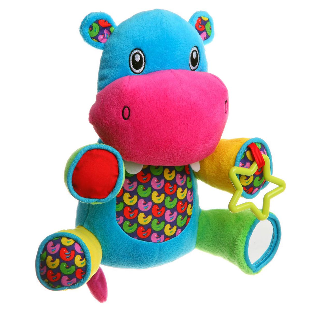 Bondibon Мягкая развивающая игрушка БегемотВВ1282 Bondibon Мягкая развивающая игрушка БегемотВВ1282Мягкие развивающие игрушки становятся для малышей первым источником информации об окружающем мире. С их помощью ребенок учится различать цвета, отличать на ощупь различную фактуру поверхностей. Игрушка Бегемот поможет вашему ребенку получить первые необычные ощущения: левая нижняя лапка служит погремушкой и издает звук, если ее потрясти. На правой нижней лапке расположено безопасное зеркало, а на левой верхней – игрушечная пластиковая звезда.