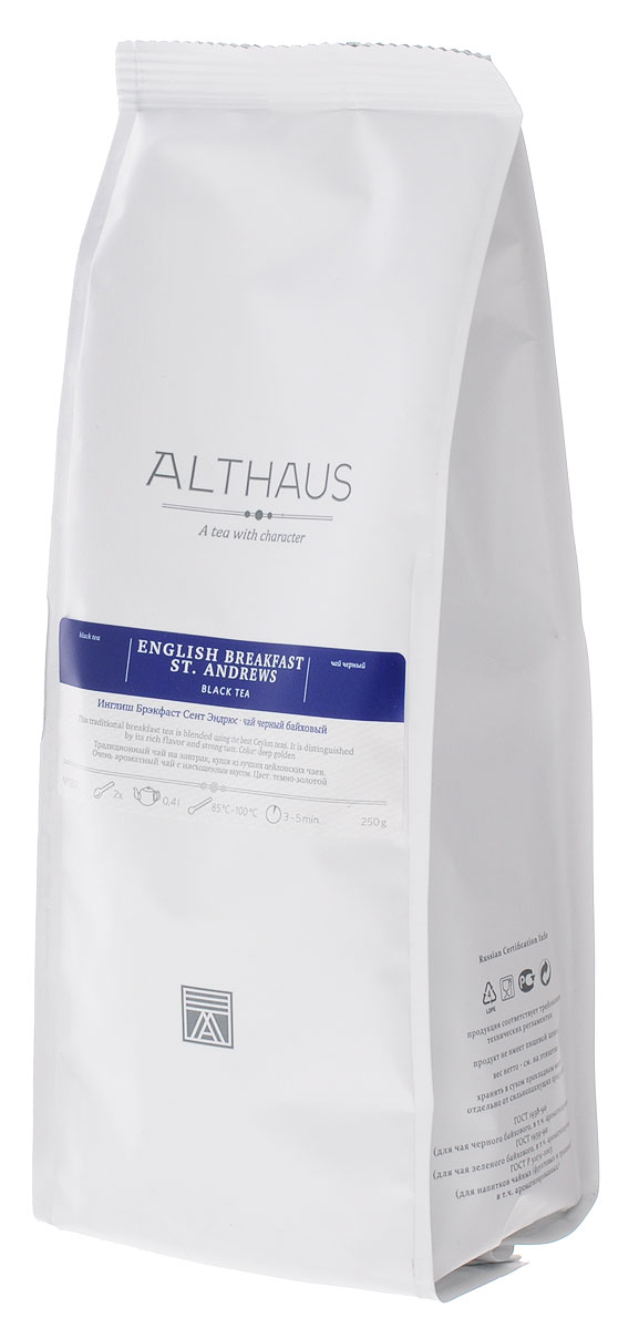 Althaus English Breakfast St. Andrews черный листовой чай, 250 гTALTHL-L00077 Althaus English Breakfast St. Andrews черный листовой чай, 250 гTALTHL-L00077Althaus English Breakfast St. Andrews — купаж из лучших цейлонский чаев с небольшим добавлением черного индийского чая высшего качества. Само название говорит о происхождении чая. В Англии любят пить душистый черный чай с сахаром и сливками. Оригинальный рецепт бленда Инглиш Брэкфаст был придуман более ста лет назад. Его изобретателем стал шотландец Дрисдейл, давший новому купажу название Чай для завтрака. Однако вскоре этот чай получил широкую известность и начал изготавливаться многими чайными домами по всей Британии. С тех пор этот бленд считается классическим утренним чаем, хотя, на самом деле, наслаждаться им можно в течение всего дня. Althaus English Breakfast St. Andrews славится своим крепким полным вкусом и ярким ароматом с едва ощутимыми, легкими цветочными полутонами и сладкими древесно-фруктовыми нотками. Тонизирующий и бодрящий напиток с выразительным мягким букетом станет прекрасным началом вашего дня. Оптимальная...