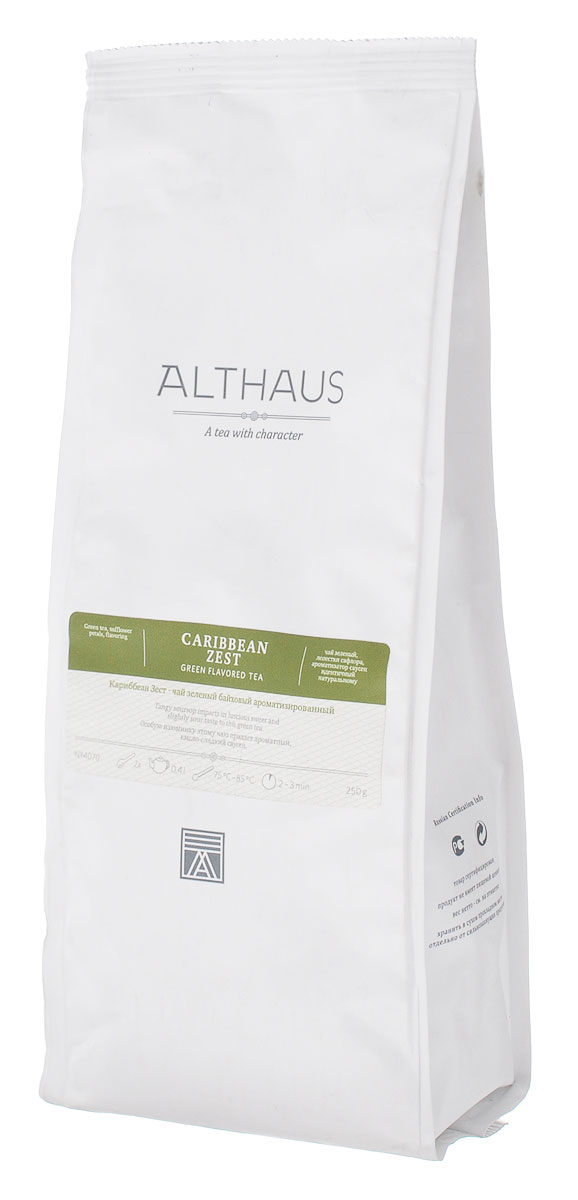 Althaus Caribbean Zest зеленый листовой чай, 250 гTALTHG-L00078 Althaus Caribbean Zest зеленый листовой чай, 250 гTALTHG-L00078Особую изюминку чаю Althaus Caribbean Zest придает ароматный кисло-сладкий саусеп, который раскрывается в ярком и густом фруктовом букете, обволакивающем, с оттенком спелого яблока и лимонада. Насыщенный медового цвета напиток обладает терпким, слегка дымным вкусом чая ганпаудер и деликатной кислинкой.