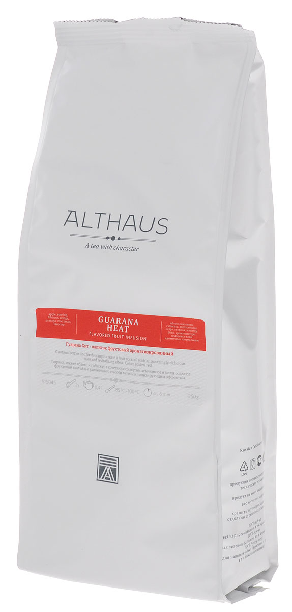 Althaus Guarana Heat фруктовый листовой чай, 250 гTALTHF-L00054 Althaus Guarana Heat фруктовый листовой чай, 250 гTALTHF-L00054Althaus Guarana Heat — натуральный энергетический фруктовый коктейль, снимающий усталость и придающий силы. Гуарана — это древесное вьющееся растение с берегов Амазонки. Индейцы Южной Америки недаром называли гуарану эликсиром молодости, ее семена содержат множество полезных веществ и поддерживают работу сердца. Сладкий апельсин, лепестки розы и свежее яблоко образуют тонкий нежный вкус напитка. В ярком выразительном букете раскрываются волнующие цитрусовые оттенки и сочная арбузная нота, которая рождается из сочетания ароматов свежего зеленого киви и сладкой земляники. Во вкусе присутствует приятная терпкость и легкая горчинка. Бодрящий напиток Althaus Guarana Heat — прекрасный выбор для утреннего чаепития. Этот напиток употребляют не только в горячем, но и в холодном виде со льдом. Температура воды: 85-100 °С Время заваривания: 4-6 мин Цвет в чашке: красно-золотой