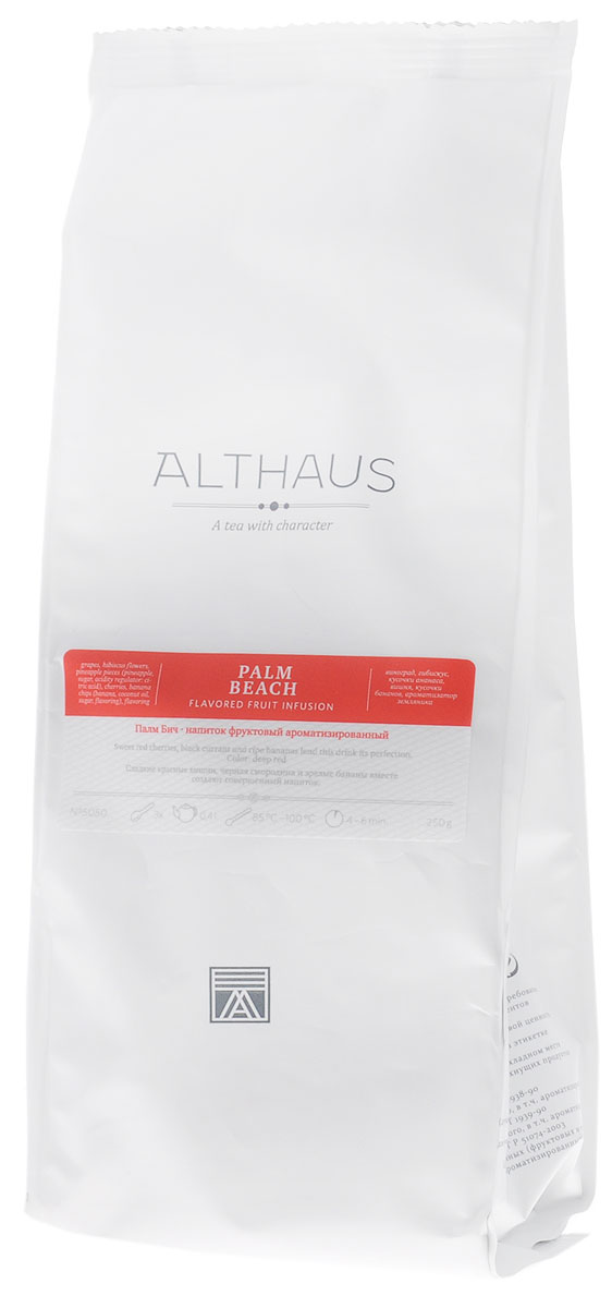 Althaus Palm Beach фруктовый листовой чай, 250 гTALTHF-L00055 Althaus Palm Beach фруктовый листовой чай, 250 гTALTHF-L00055Althaus Палм Бич — необыкновенная композиция из сладких красных вишен и зрелых тропических бананов с выразительным ароматом. Южные фрукты в сочетании с черной смородиной и лепестками суданской розы создают совершенный букет этого напитка. Вкус Палм Бич пробуждает приятные воспоминания о жарком солнце и отдыхе на морском побережье. В ярком букете Палм Бич раскрывается карамельная сладость и благородный аромат сочной дикой вишни. Черные ягоды лесной смородины привносят в напиток теплые ноты нагретой солнцем древесной коры и пряных трав. Сладость нежной банановой мякоти красиво оттеняется ажурным кисловато-терпким вкусом. Бананы — это не только основа для вкусного и питательного тропического коктейля, но и ценный источник витаминов и полезных микроэлементов, в первую очередь калия. Палм Бич можно пить в любое время дня, причем как в горячем, так и в холодном виде со льдом. Температура воды: 85-100 °С Время заваривания: 4-6 мин Цвет в чашке:...