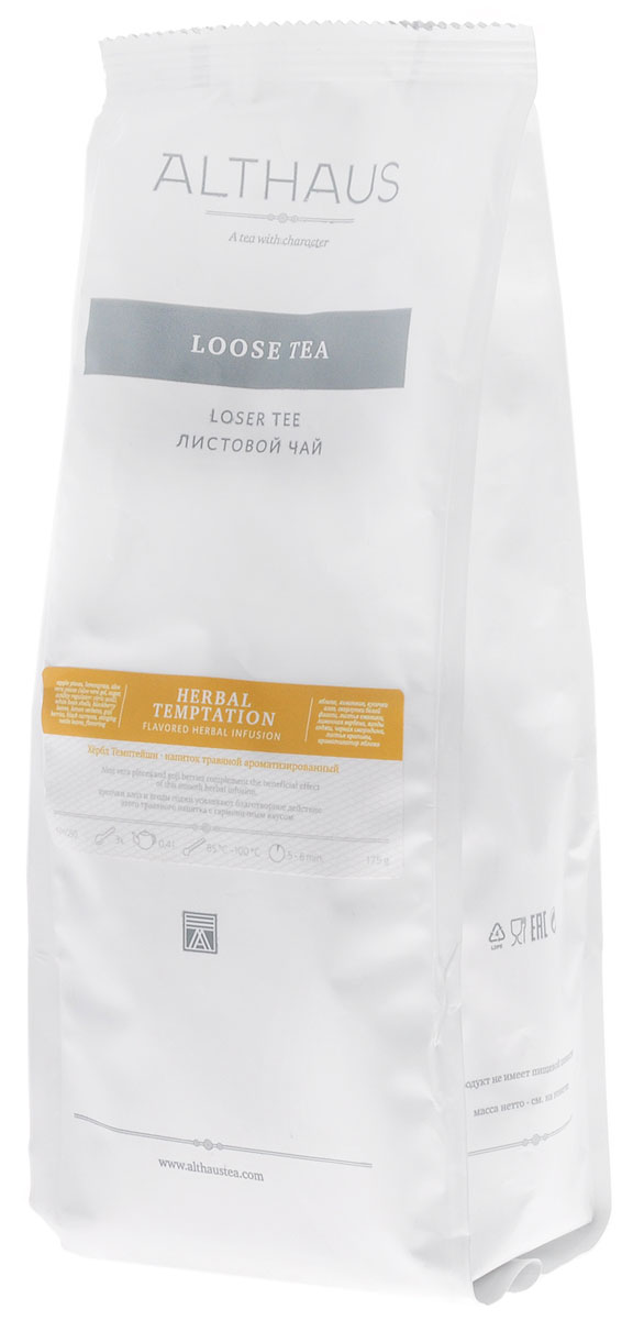 Althaus Herbal Temptation травяной листовой чай, 175 гTALTHL-L00155 Althaus Herbal Temptation травяной листовой чай, 175 гTALTHL-L00155Althaus Хербл Темптейшн имеет необычный травяной купаж на основе сладкого сочного яблока и лемонграсса. Это целебное растение с тонким лимонным ароматом оказывает тонизирующее воздействие на организм и быстро помогает при простуде. Многогранный букет дополнен нежной древесной ноткой алоэ и свежими зелеными оттенками. В состав купажа Althaus Хербл Темптейшн входят ягоды годжи – отличный источник целого комплекса витаминов, аминокислот и антиоксидантов. В восточной медицине годжи, родиной которых является Тибет, используются уже более двух тысяч лет, а сегодня считаются одним из самых ценных лекарственных растений в мире.