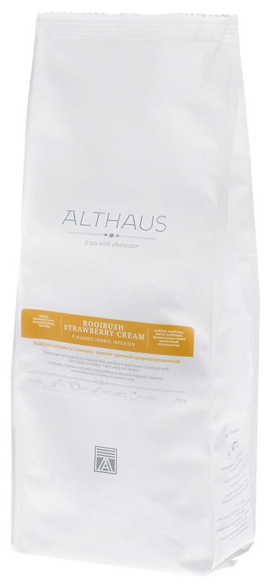 Althaus Rooibush Strawberry Cream травяной листовой чай, 250 гTALTHF-L00057 Althaus Rooibush Strawberry Cream травяной листовой чай, 250 гTALTHF-L00057Ройбуш Клубника со Сливками — превосходное сочетание вкуса спелой клубники, сливок и нежного аромата ройбуша — этнического напитка из Южной Африки. Незабываемый фруктовый букет этого необычного купажа рождается из аппетитной сочности спелых ягод клубники и свежести клубничных листьев. Яркий сладко-ягодный аромат душистого клубничного чая и тонкие цветочно-фруктовые нотки ройбуша гармонично дополняются воздушным сливочным оттенком, мягким и ненавязчивым. Ройбуш — это экзотический напиток из Южной Африки, который готовят из тонких, игольчатых листьев редкого кустарника из семейства бобовых. Туземные племена издавна использовали отвар из листьев ройбуша в качестве лекарства и освежающего напитка. Ройбуш быстро завоевал сердца любителей чая по всему миру, обладая приятным ароматом и вкусом, не содержит кофеина и исключительно полезен для здоровья. Ройбуш можно пить как сам по себе, так и с молоком и сахаром. Утром чашка этого удивительного напитка взбодрит и...