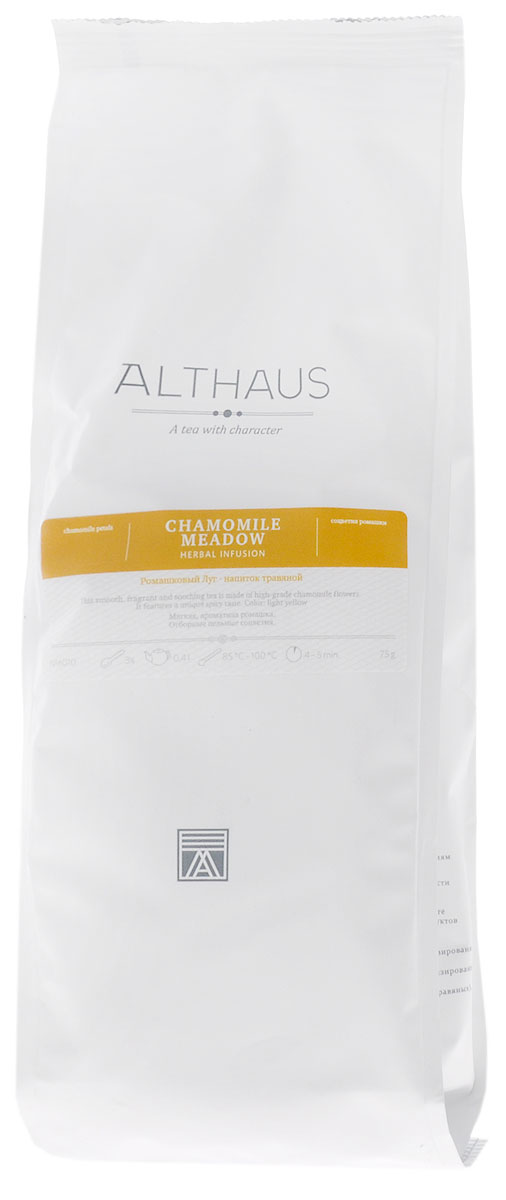 Althaus Chamomile Meadow травяной листовой чай, 75 гTALTHG-L00065 Althaus Chamomile Meadow травяной листовой чай, 75 гTALTHG-L00065Althaus Ромашковый Луг – это сбор мягких ароматных соцветий ромашки высшего качества. Благодаря своему тонкому вкусу напиток превосходно утоляет жажду. При заваривании полупрозрачные цветочные лепестки раскрываются в настое, придавая ему выразительный сладковато-травянистый аромат с легкой терпкостью, напоминающий запах ранних яблок. Вкус напитка свежий, пряный, с доминирующими цветочными тонами, едва заметной кислинкой и минеральным оттенком. Ромашка служит универсальным лекарственным средством с давних времен. О целебных свойствах этого цветка знали еще в Древнем Египте. Особой популярностью растение пользовалось в Европе. В Англии ромашковый чай является традиционным домашним средством от всех болезней. Напиток из ромашки богат витамином C, но при этом не содержит кофеина, он оказывает антистрессовое и общеукрепляющее воздействие. Althaus Ромашковый Луг с типичным терпким цветочным привкусом и мягким ароматом прекрасно...