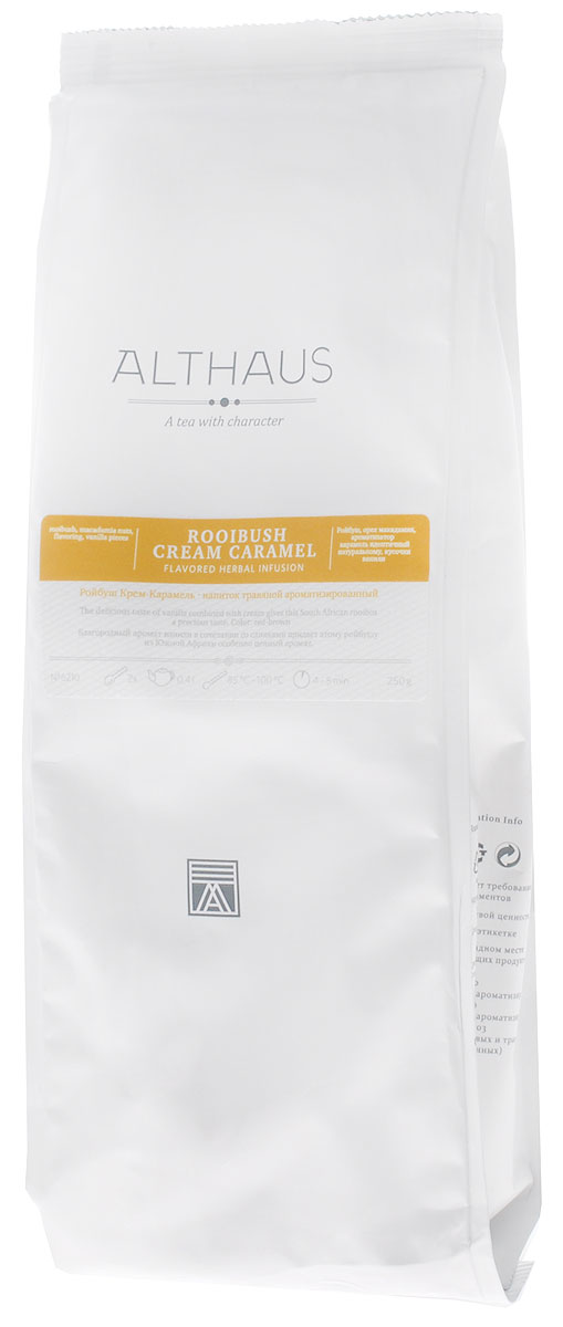Althaus Rooibush Cream Caramel травяной листовой чай, 250 гTALTHF-L00059 Althaus Rooibush Cream Caramel травяной листовой чай, 250 гTALTHF-L00059Althaus Rooibush Cream Caramel — традиционный напиток из Южной Африки с кусочками ванили, нежнейшей карамели и восхитительным букетом амбровых ароматов. В этой удивительной композиции переплетаются древесно-медовые нотки экзотического чая ройбуш, сладкий кофейный вкус с оттенком мягкой сливочной карамели и пряное благоухание благородной ванили. Кусочки натуральной ванили (плодов тропической орхидеи), которая до сих пор остается одной из самых дорогих пряностей, придают купажу приятную, по-восточному изысканную мягкость. Ройбуш пользуется заслуженной популярностью за свой необычный вкус, нежный аромат и целебные свойства. Этот полезный для здоровья напиток не содержит кофеина, обладает антиоксидантным и успокаивающим эффектом. Althaus Rooibush Cream Caramel отличается очень глубоким и выдержанным бархатистым букетом, поэтому он идеально подходит для вечернего чаепития. Благодаря теплому обволакивающему аромату ванили этот напиток позволяет расслабиться, а...