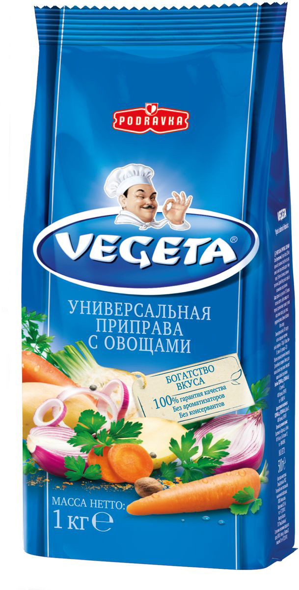 Vegeta универсальная приправа с овощами, 1 кг3110072 Vegeta универсальная приправа с овощами, 1 кг3110072Надежный спутник ваших кулинарных приключений уже более 50 лет, приправа Vegeta продолжает оставаться одним из самых известных хорватских продуктов, без которого практически невозможно представить себе приготовление пищи. Область применения этой комбинации сушеных овощей и специй не ограничена: это и овощи, и мясо, и гарниры, и все, что угодно на гриле, и минималистские блюда, и блюда из сложных деликатесов - одной чайной ложки приправы Vegeta всегда достаточно, чтобы почувствовать тонкую разницу. Поэтому, готовя еду, дайте свободу своей фантазии и наслаждайтесь - еще много новых комбинаций приправы Vegeta ждет встречи с вами! Уважаемые клиенты! Обращаем ваше внимание, что полный перечень состава продукта представлен на дополнительном изображении.