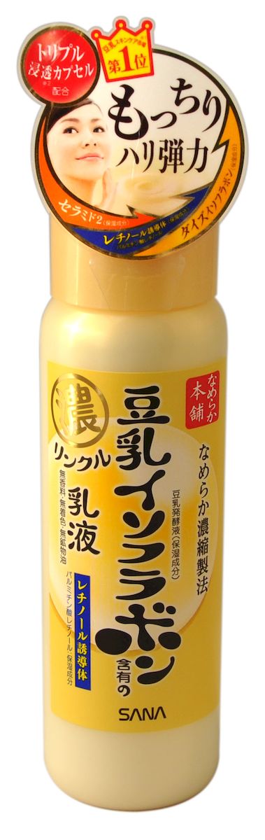 Sana Увлажняющее и подтягивающее молочко Wrinkle Milk, с ретинолом и изофлавонами сои, 150 мл425561 Sana Увлажняющее и подтягивающее молочко Wrinkle Milk, с ретинолом и изофлавонами сои, 150 мл425561Увлажняющее и подтягивающее молочко содержит 3 капсулированных компонента - изофлавоны сои, церамиды и ретинол. Предотвращает образование морщин. Ретинол, входящий в состав средства, стимулирует обновление клеток кожи и синтез коллагена. В результате разглаживаются мелкие морщинки, кожа становится гладкой и упругой. Церамиды-2 предупреждают сухость, шелушение, дряблость кожи. Восстанавливают защитную барьерную функцию кожи, заметно улучшая ее внешний вид. Молочко глубоко увлажняет, повышает упругость и эластичность кожи за счет действия полученных из соевых бобов увлажняющих компонентов: изофлавоны, полученные из соевых бобов; изофлавоны, полученные из ферментированного соевого молока; экстракт соевых бобов; растительный коллаген, полученный из соевого белка. Продукт произведен без использования генетически модифицированных соевых бобов. Не содержит отдушек, искусственных красителей и минеральных масел.